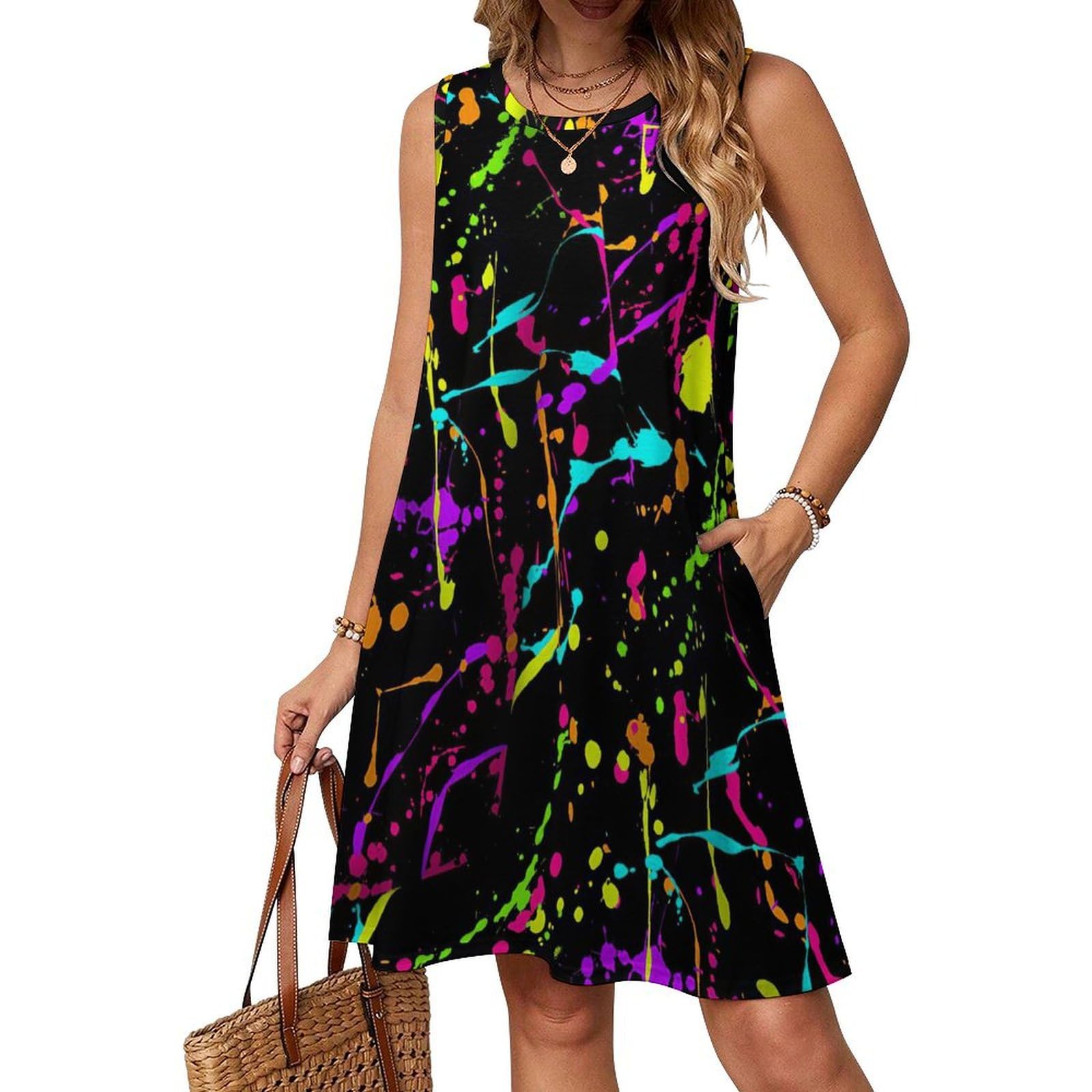 asbwuo Glow in Dark Splatter Neon 2 Dress for Women Sleeveless Tshirt Party Beach Work Dresses