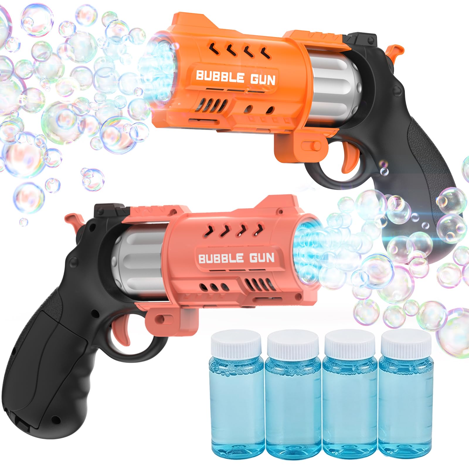 EagleStone 2 Pack Revolver Bubble Guns for Kids, Swing-Out Cylinder, 8000+ Bubbles/Min, LED Light Up, 4 Bubble Solution Bottles, Outdoor Indoor Toy, Birthday Easter Gifts for Toddlers
