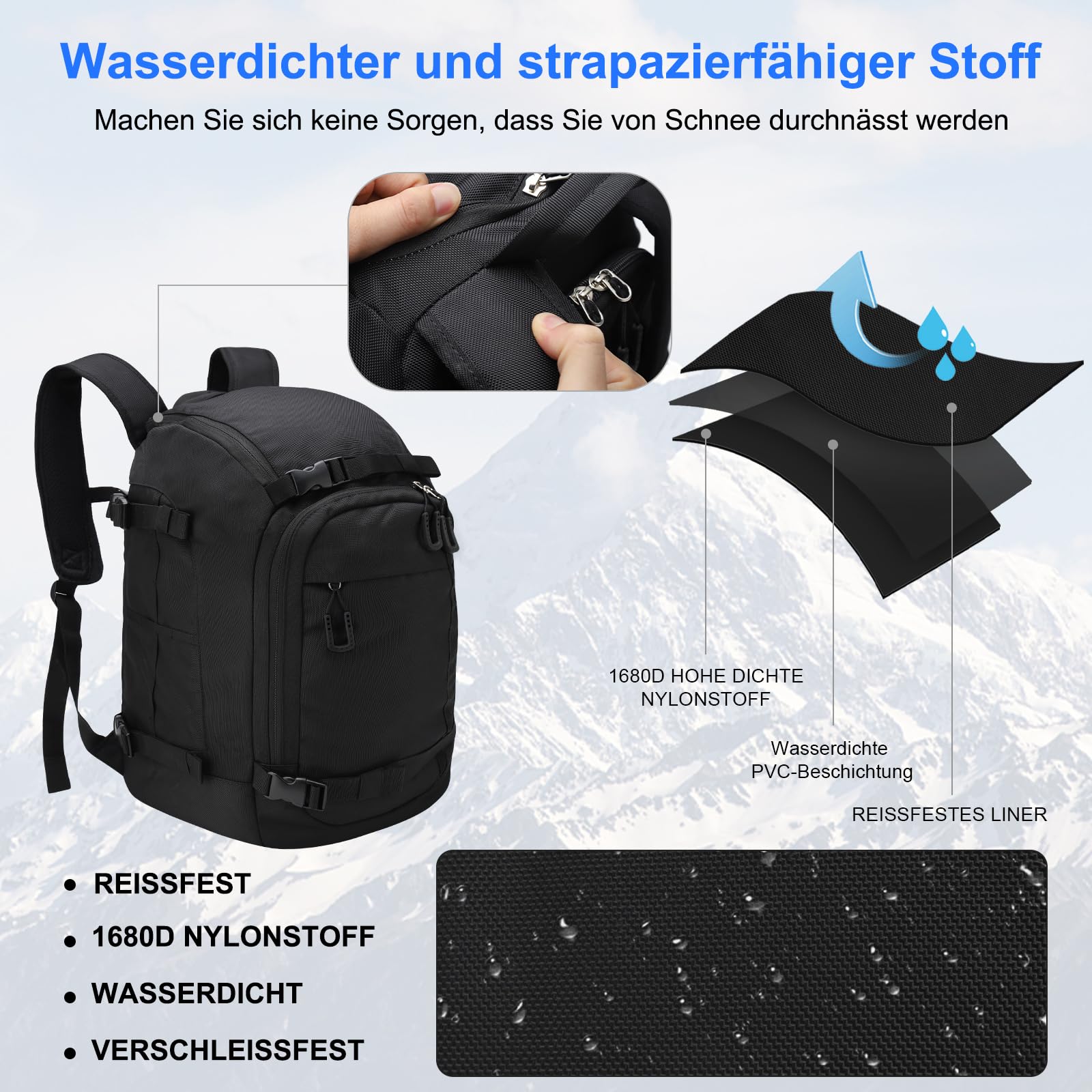 Skischuhtasche mit Helmfach 50L 1680D Nylon Skirucksack Skischuhrucksack mit Helmtasche Skitasche Siksack für Skistiefel Schlittschuhe Snowboard Inline-Skates