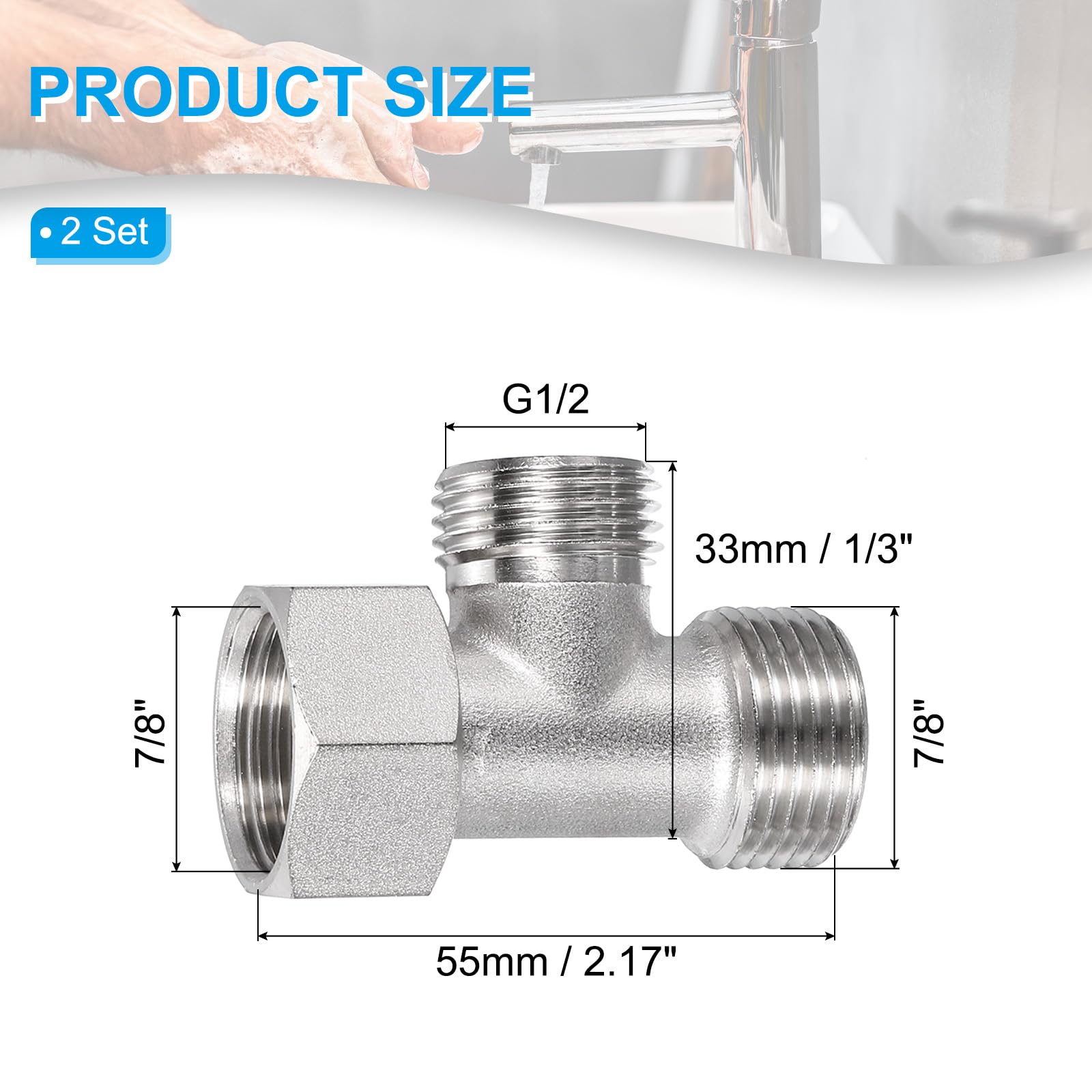 PATIKIL 7/8" and G 1/2 Polished Bidet T Valve Adapter - Image 2