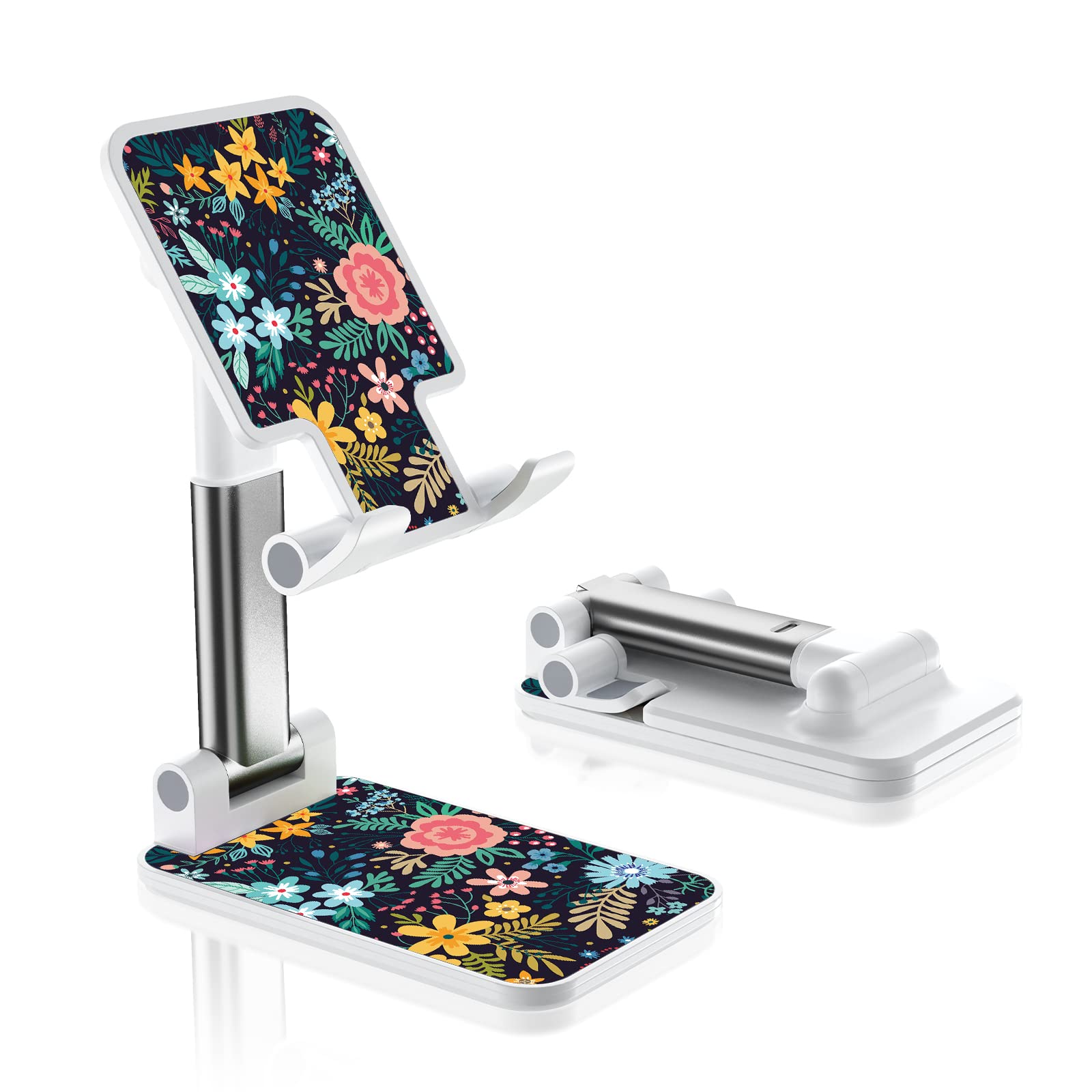 Foldable Phone Holder for Desk - Adjustable Angle Cell Phone Stand - Suitable for iPhone, Samsung - Black Flower