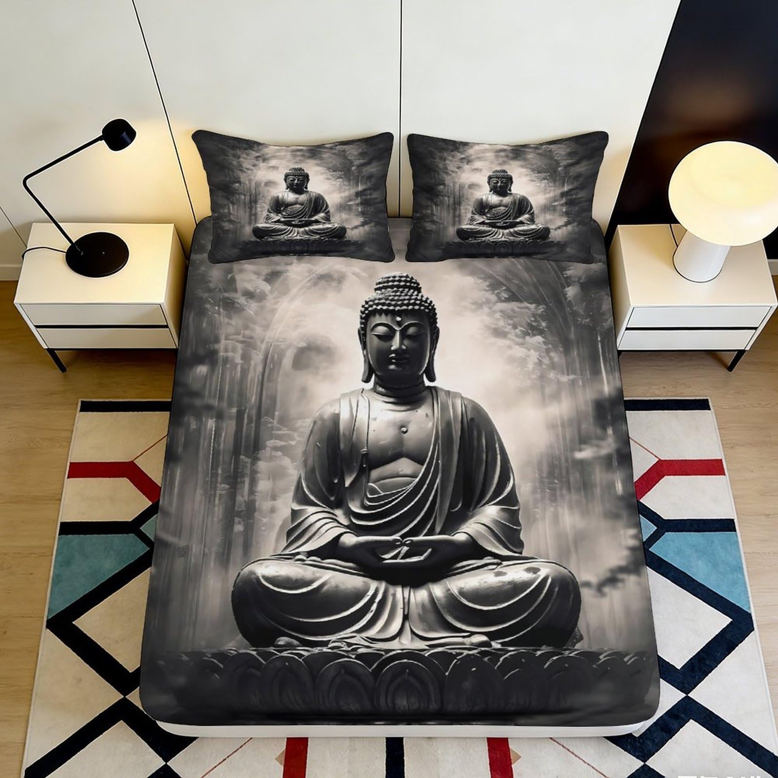 3D Printed Buddha Statue Fitted Sheet Microfiber Soft Breathable Zen Meditation Bed Cover for Bedroom Dorm Decor 90x200x25cm