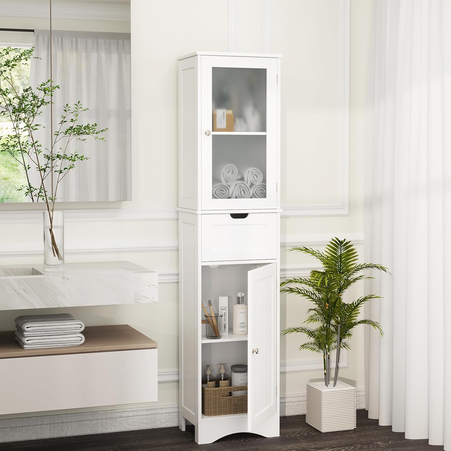 LOKO 67” Tall Bathroom Storage Cabinet with 2 Doors & 1 Drawer, Modern Floor Cabinet with Adjustable Shelves & Frosted Glass Door, Narrow Linen Tower Cabinet for Bathroom Living Room (White)