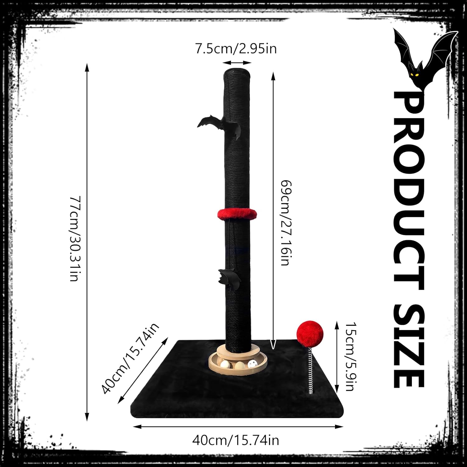 Gothic 27'' Scratching Post, Cat Scratcher Indoor, Wooden Ball Track Toy, Hanging Ball, Bouncy Ball, Interactive Toy Furniture for Kittens Adult Cats, Black Red