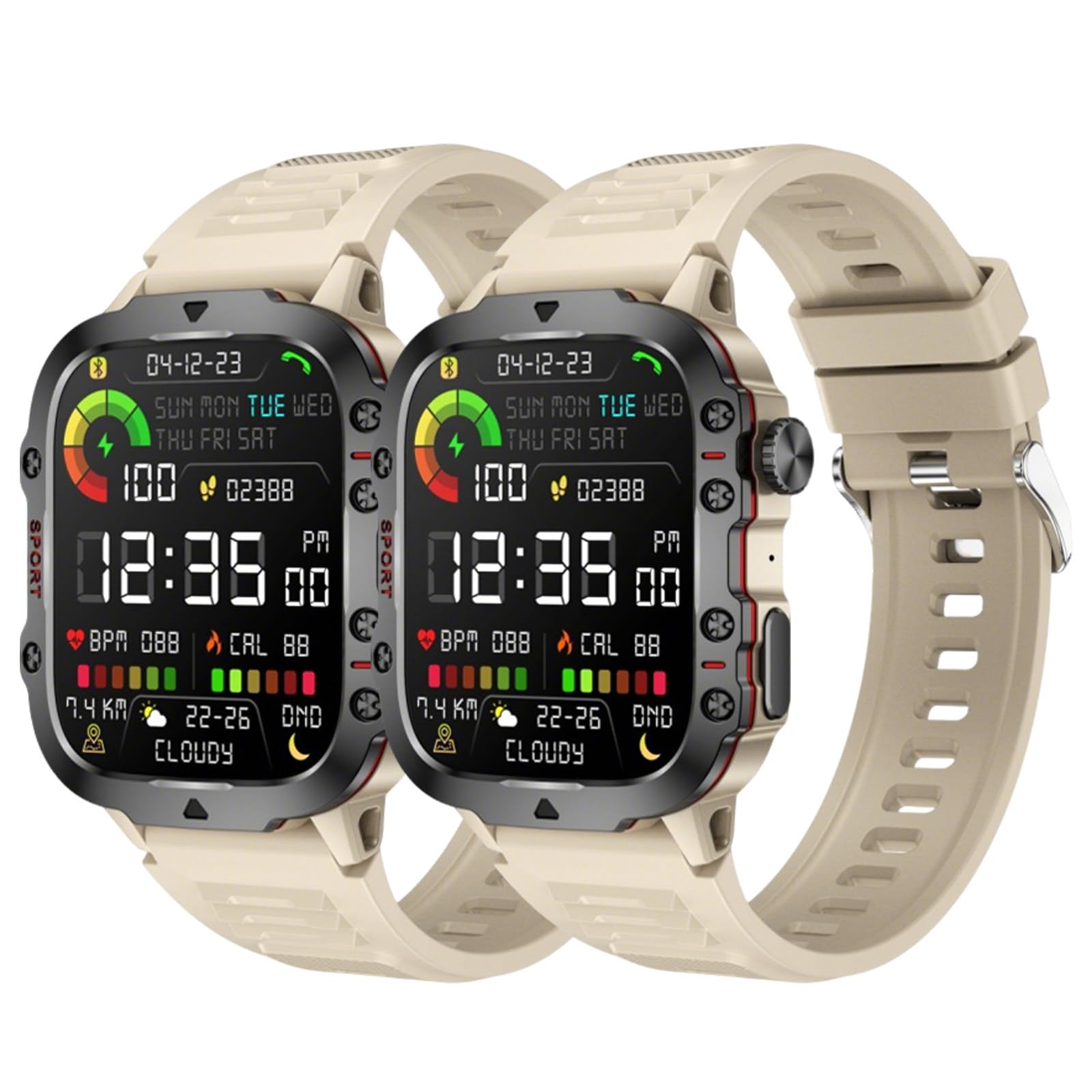 2 szt. inteligentny 2,58" HD Touch Smartwatch dla mężczyzn i kobiet, wodoodporny do sportów na świeżym powietrzu ze 100 trybami sportowymi monitor tętna,Beige
