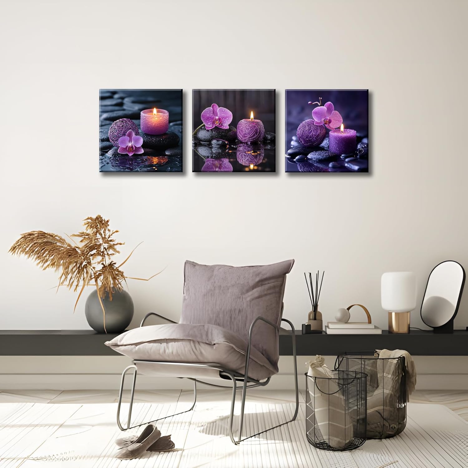 NAN Wind 3PCS Zen Canvas Wall Art Purple Orchid Spa Decor Aromatherapy Candle Black Stone Prints Modern Meditation Room Decor Bathroom Yoga Studio Wall Pictures Relaxing Home Artwork Ready to Hang