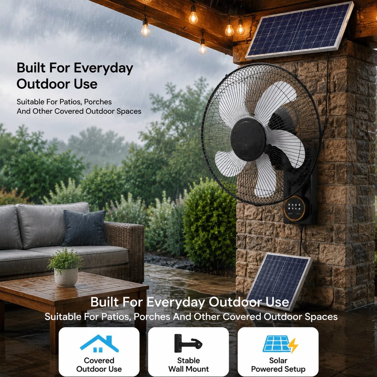 Genérico Ventilador Oscilante de Pared de 40cm para Patios, Ventilador Solar con 5 Aspas, 3 Velocidades, Ventiladores Solares para Exteriores para el Hogar, Invernadero, Garaje, Dormitorio, Camping.