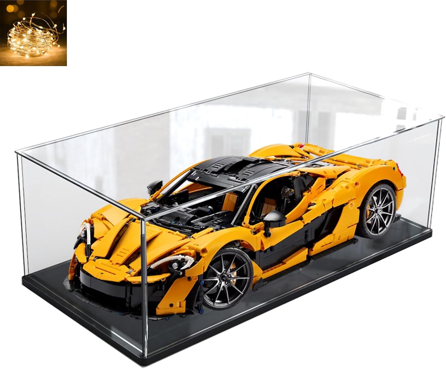 Large Clear Acrylic Display Case Box with Wood Base for Lego 42056 42083 42096 42143 Transparent Stand Self-Assembly Dustproof Protection Showcase Storage, Black Inside 23.6x11.8x7.9inch