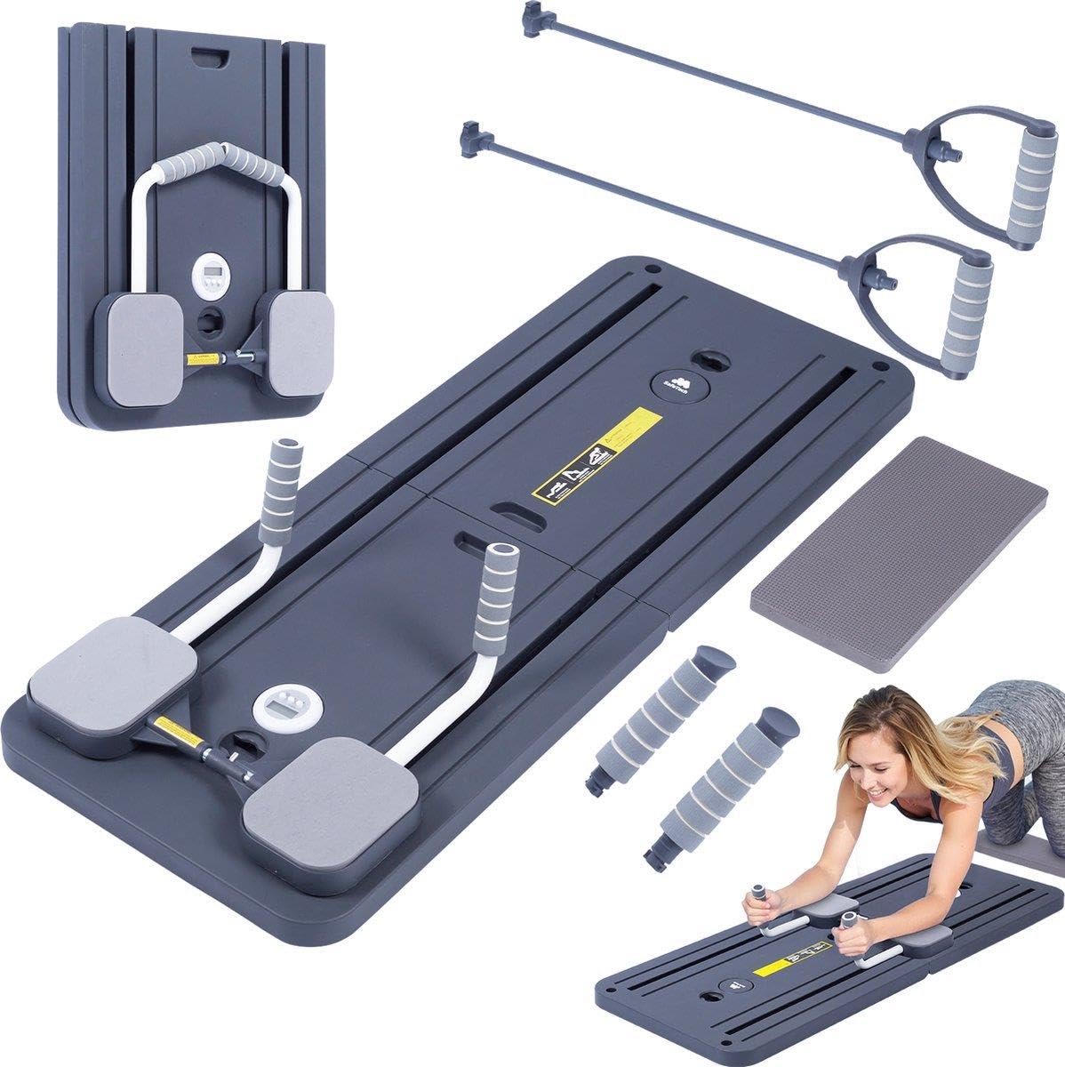 LIVHOME Compact Pilates Reformer Machine, Ab Roller Board, Core & Strength Workout Equipment with Timer, Collapsible Home Gym Pilates Kit for Total Body Fitness & Muscle Toning (Grey)