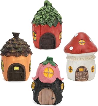 Nicunom 4 Pack Fairy Garden House, Miniature Mushroom House Resin Fairy House Statues Indoor/Outdoor Figurine Fairy Garden Accessories for Micro Landscape Lawn Yard Decor Gift
