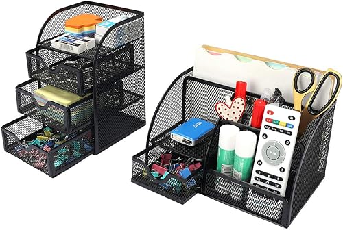 Miniatura 2 de PAG organizador de escritorio de malla para artículos de oficina, soporte para bolígrafos y accesorios, con cajón