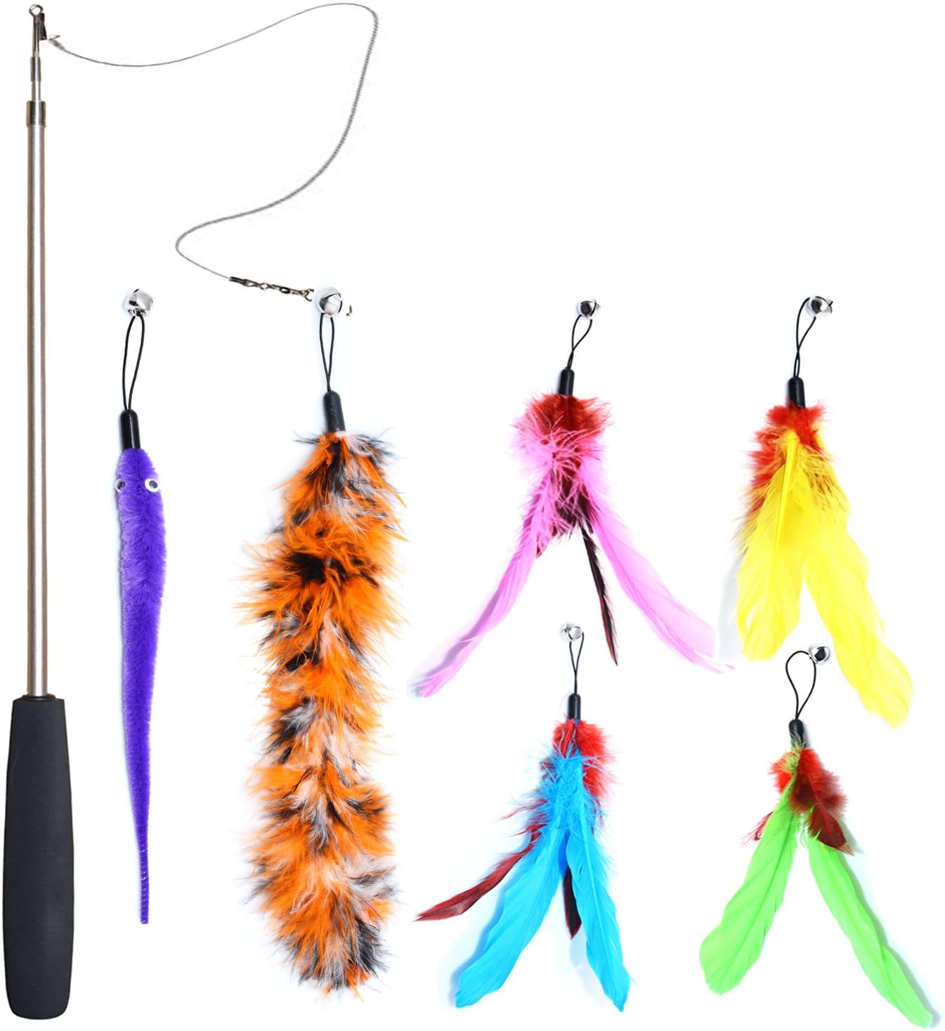 PETOY Cat Toys Feather Teaser, Retractable Teaser Cat Wand Rod, Interactive Catcher Teaser, 6 Assorted Replaceable Refills with Bells…