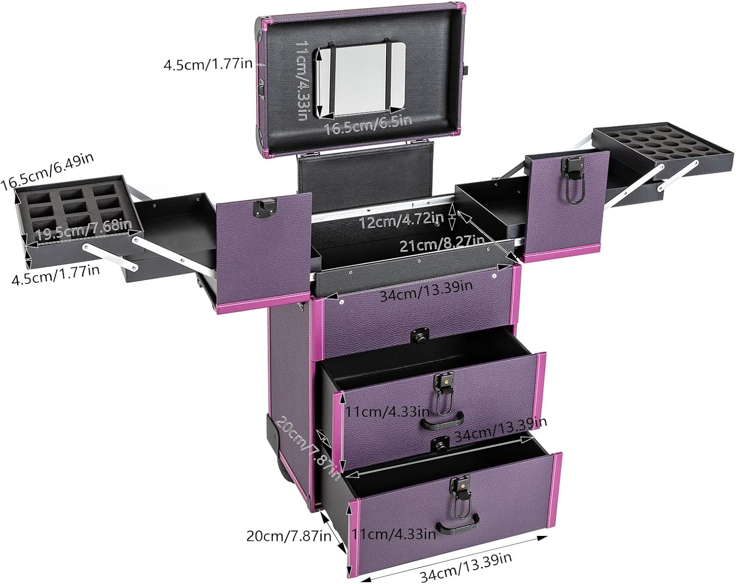 Lockable Rolling Makeup Train Case Multi-functional Cosmetic Organizer Trolley on Wheels, Large Make up Cosmetic Orgainzer for Nail Technicians, Nail Technician Salon Cart, Cosmetology Case (Purple)