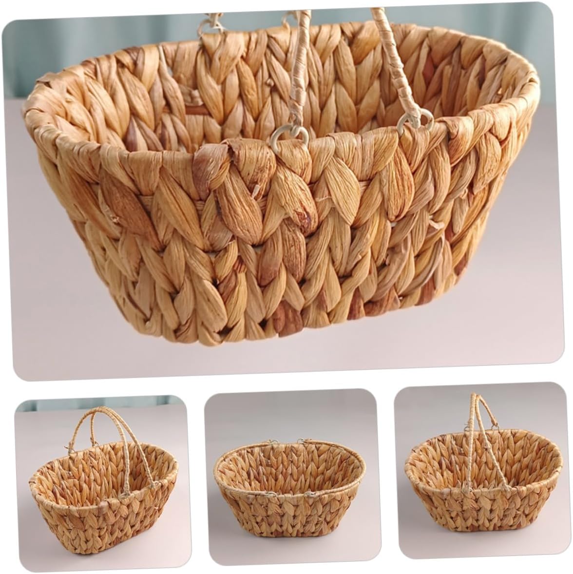 GANAZONO Woven Bread Serving Basket and Fruit Tray, Natural Hyacinth Grass Handwoven Storage Basket with Handle, Multi-function Kitchen Organizer for Home and Dining Use
