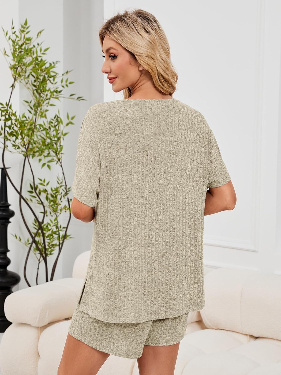 Ribbed Lounge Sets for Women Summer Short Sleeve Knit Pajamas V Neck Top and Shorts Soft 2 Piece Loungewear S-3XL - Image 6