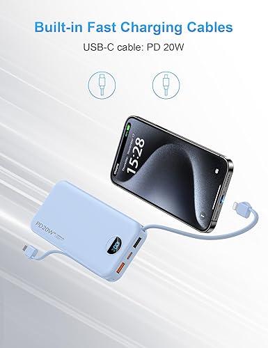 Miniatura 5 de Portable Charger with Wall Plug, 10000mAh USB C Power Bank Fast Charging, External Battery Pack with Built in Cables, Digital Display, 5 Output 4