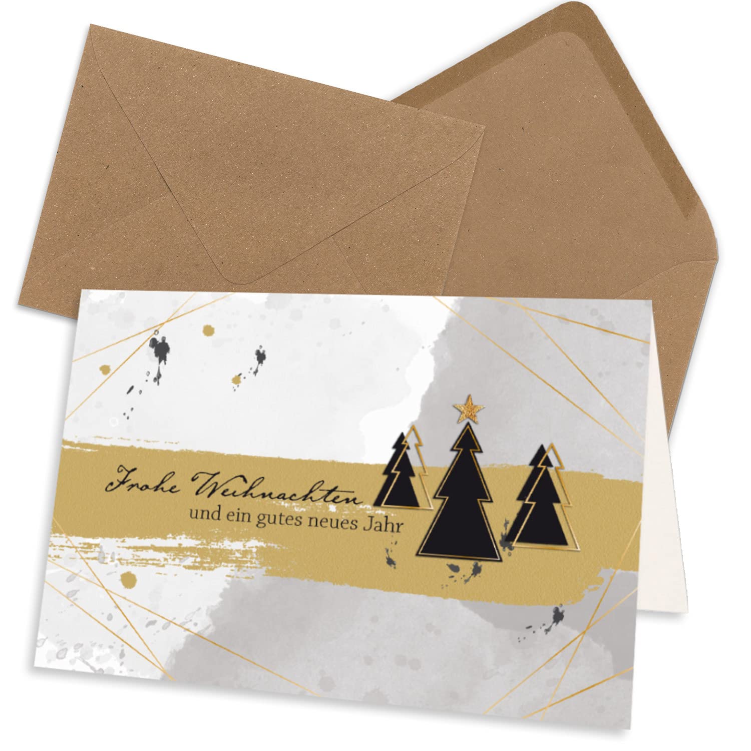 NEUSER PAPIER Juego de 200 tarjetas de Navidad DIN A6 en gris con árboles de Navidad y texto, tarjetas plegables con sobres DIN C6, papel de estraza marrón arena con adhesivo húmedo, saludos