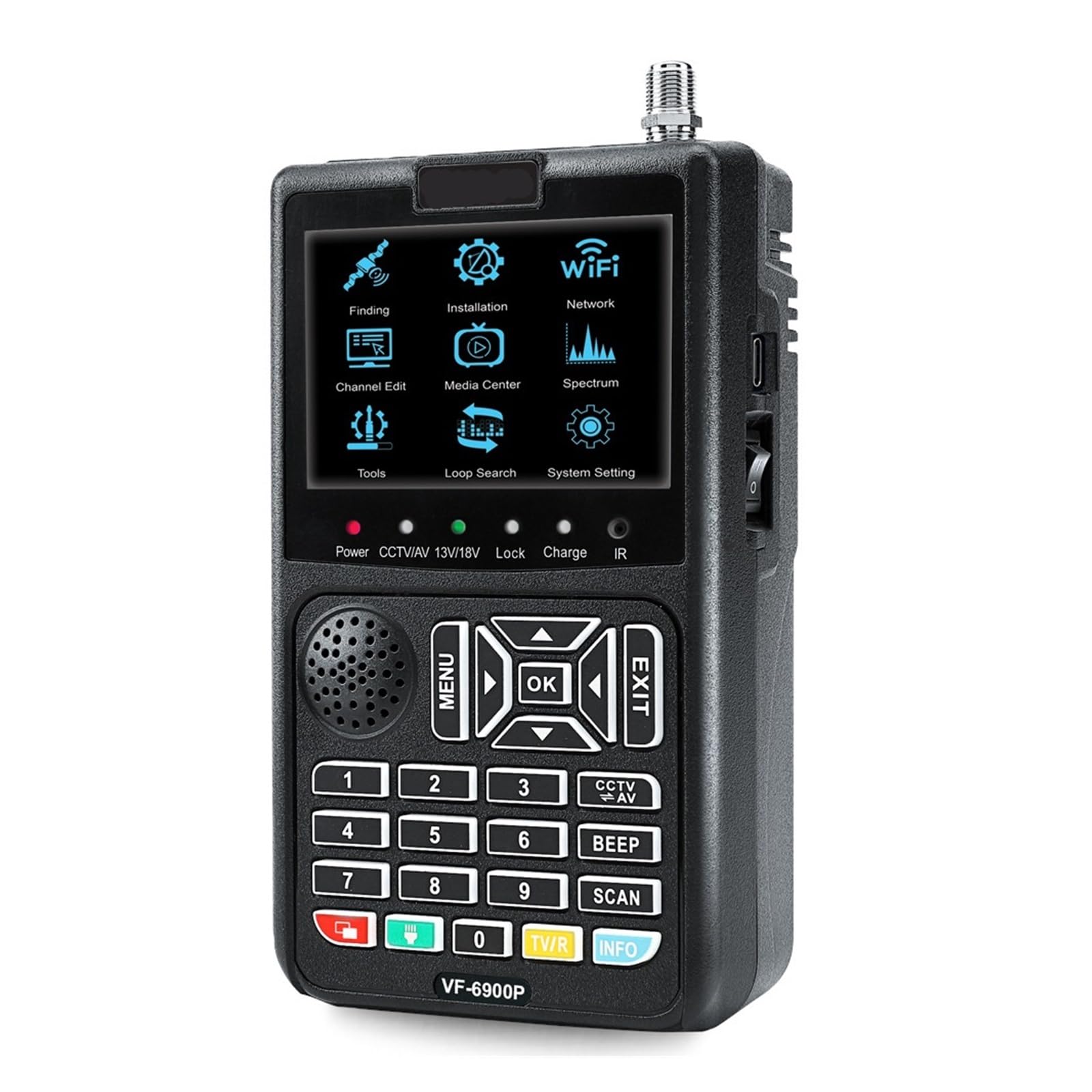 VF-6900 Receptor de TV satelital DVB-S2 CCTV AHD, TVI y CVI Pantalla cámara HD Buscador satélite H.264 Medidor buscador Localizador de señal