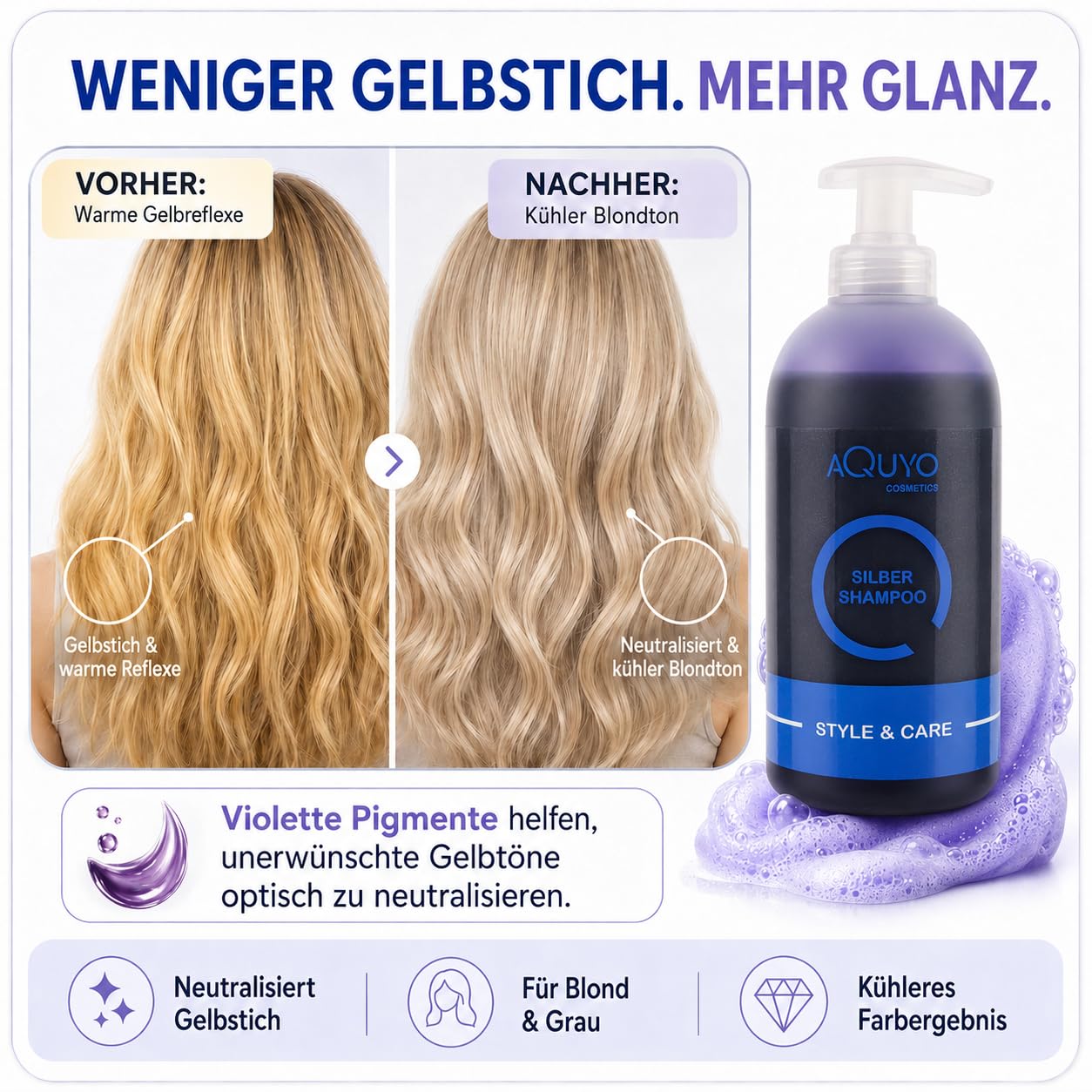 Style & Care Silber Shampoo, Anti Gelbstich Shampoo für graues, hell gefärbtes oder blondes Haar (3x 500ml) | Silbershampoo spendet Feuchtigkeit und steigert Farbbrillanz für blondiertes Haar