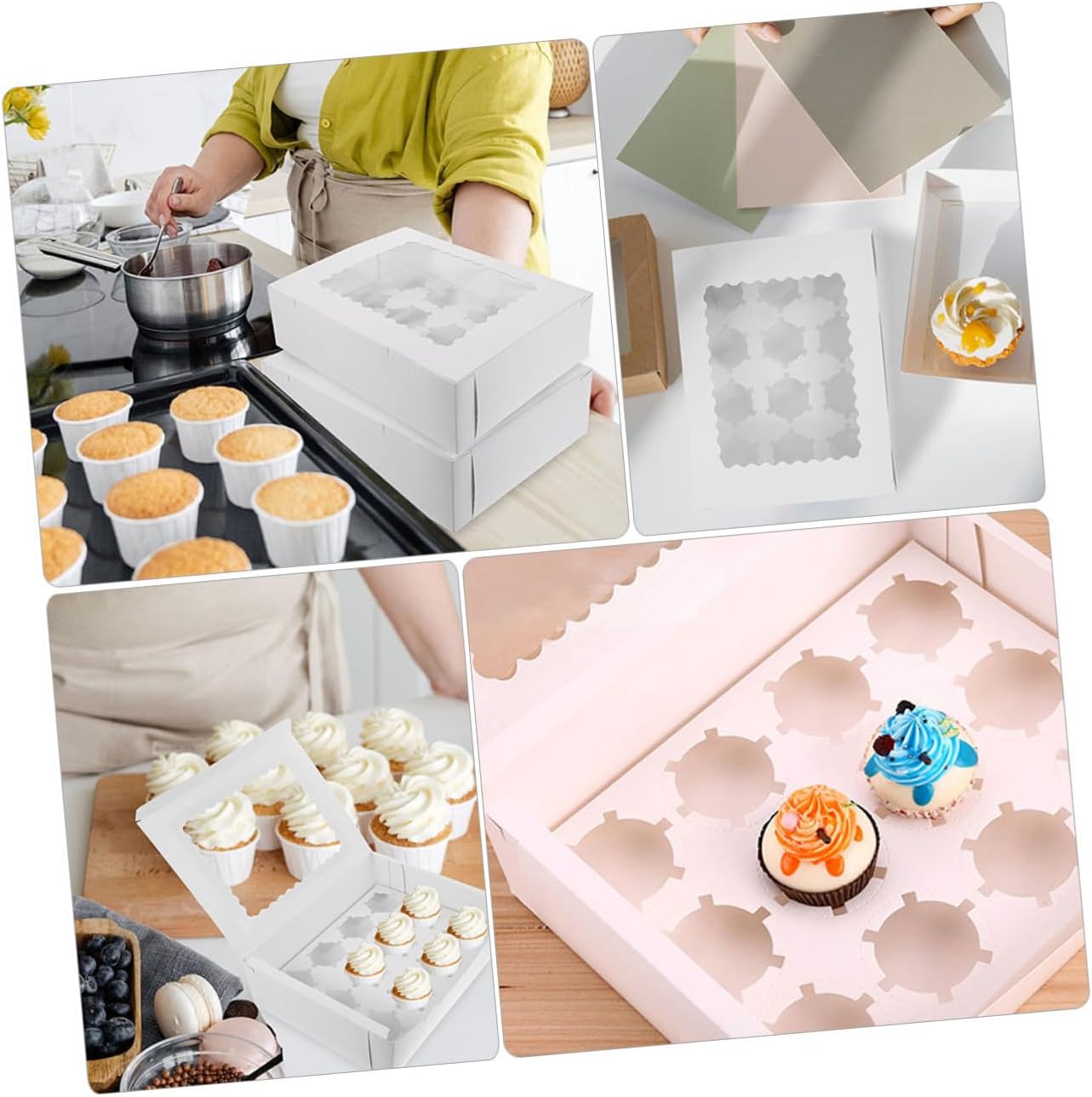 Homoyoyo 10pcs Muffin Cake Wrapping Boxes with Window, Paper Cupcake Packaging Boxes for Bakery, 12-count White Cardboard Pastry Carrier for Food Storage and Transport