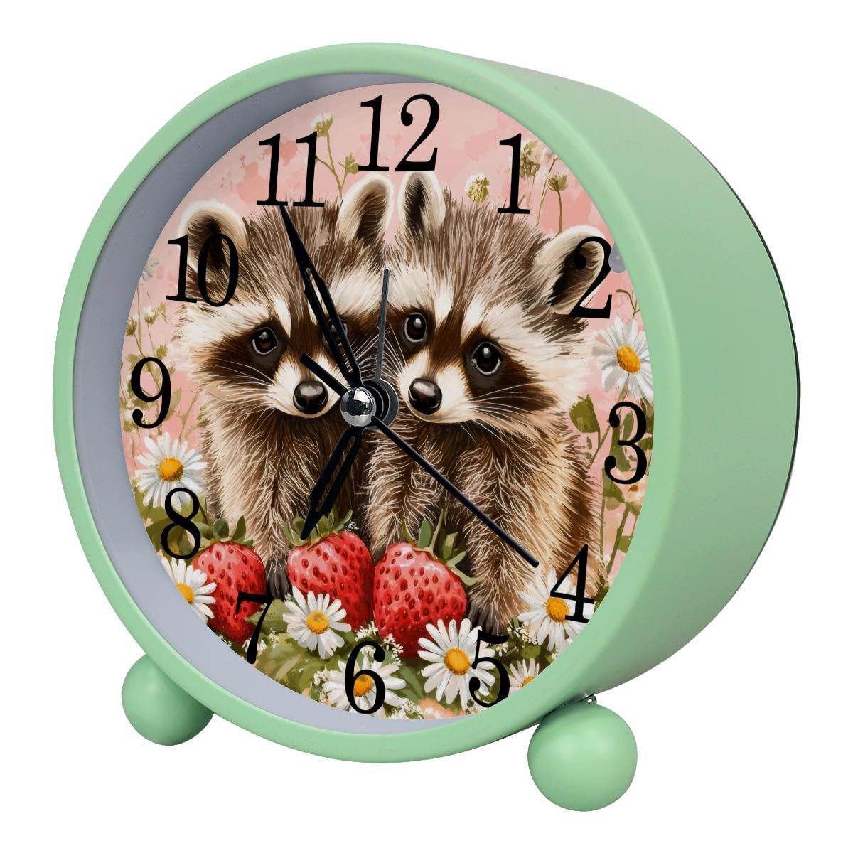 Luoweisi Alarm Clock Raccoons Strawberry, Silent Non-Ticking with Night Light, Round Metal Alarm Clock for Office, Battery Operated, Bedroom, Elderly, Adults, Children, Student Gifts