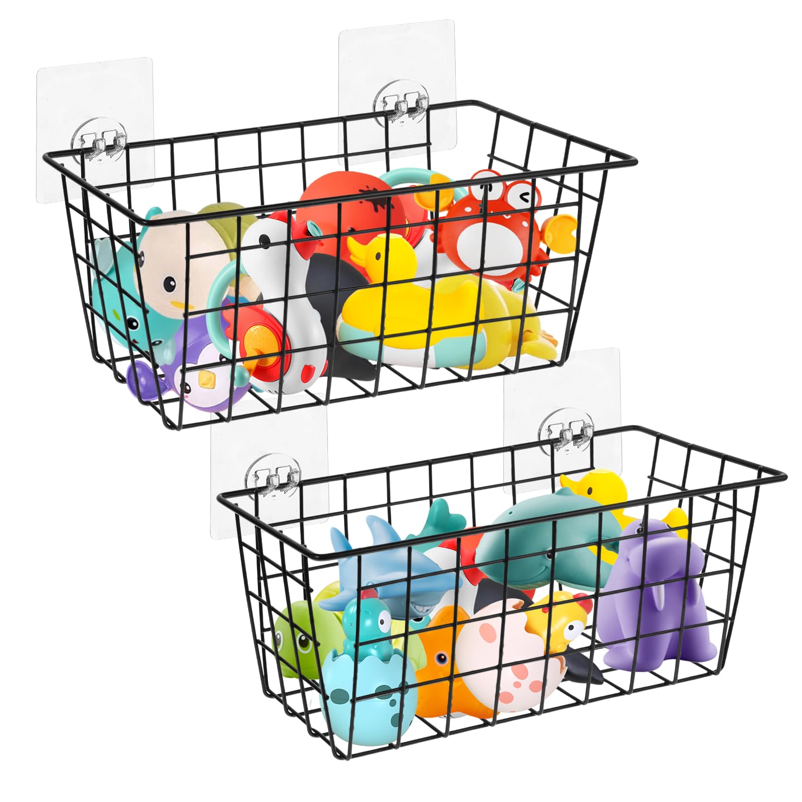 YEXEXINM Lot de 2 organisateurs de rangement en métal pour jouets de bain, panier de douche en maille suspendu avec crochets adhésifs pour baignoire, grand porte-jouets de bain pour ranger les jouets