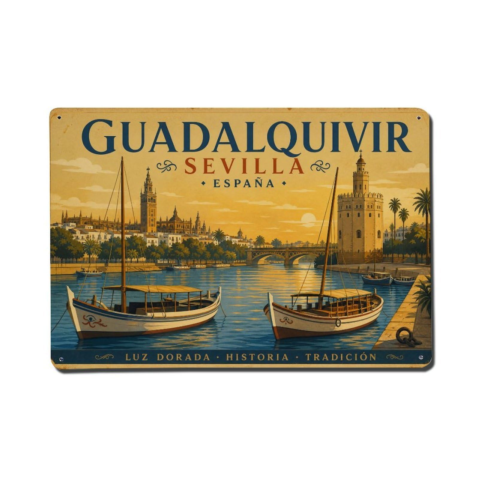 Yrnq 08X12inch Vintage Style Vintage Guadalquivir River Boats Evening Golden Hour Spain Metal Tin Sign