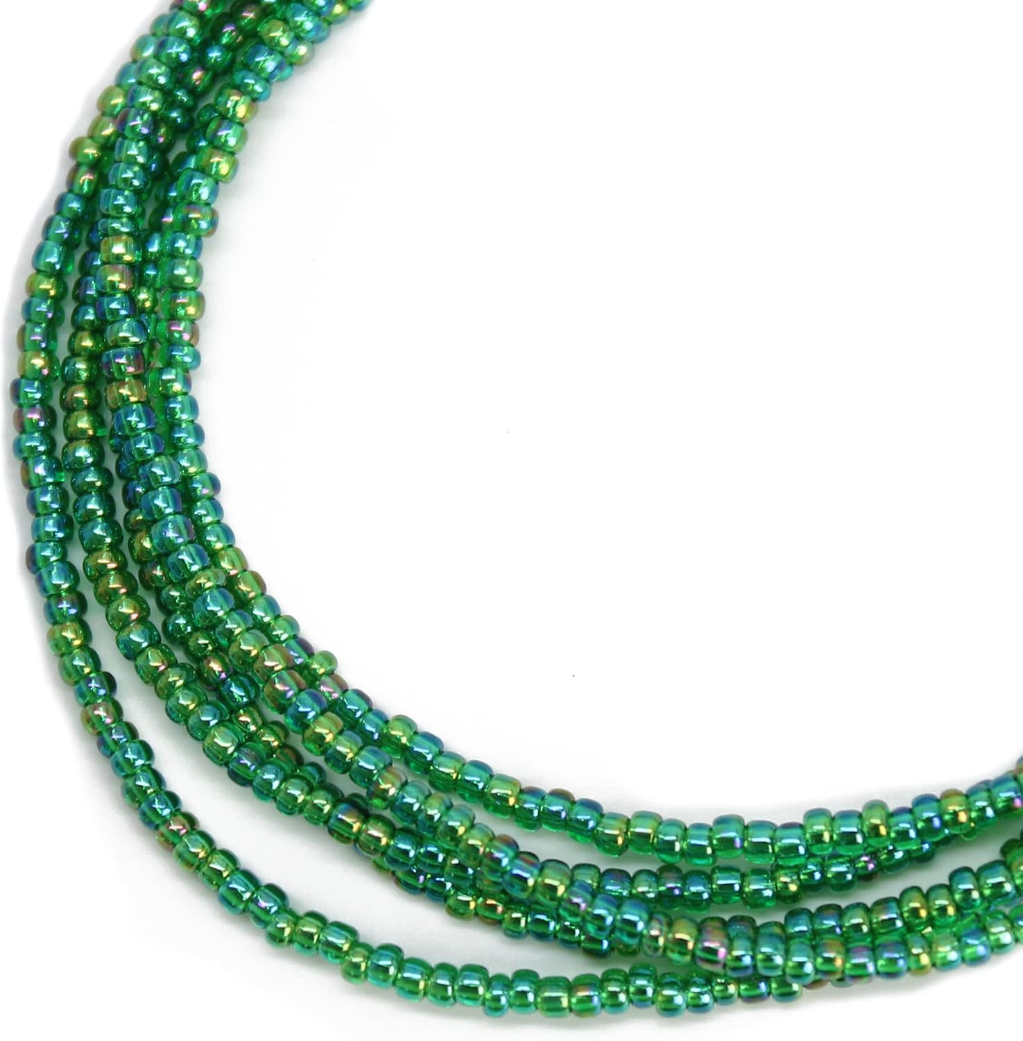 Handmade Transparent Rainbow Emerald Green Seed Bead Necklace, Thin 1.5mm Single Strand