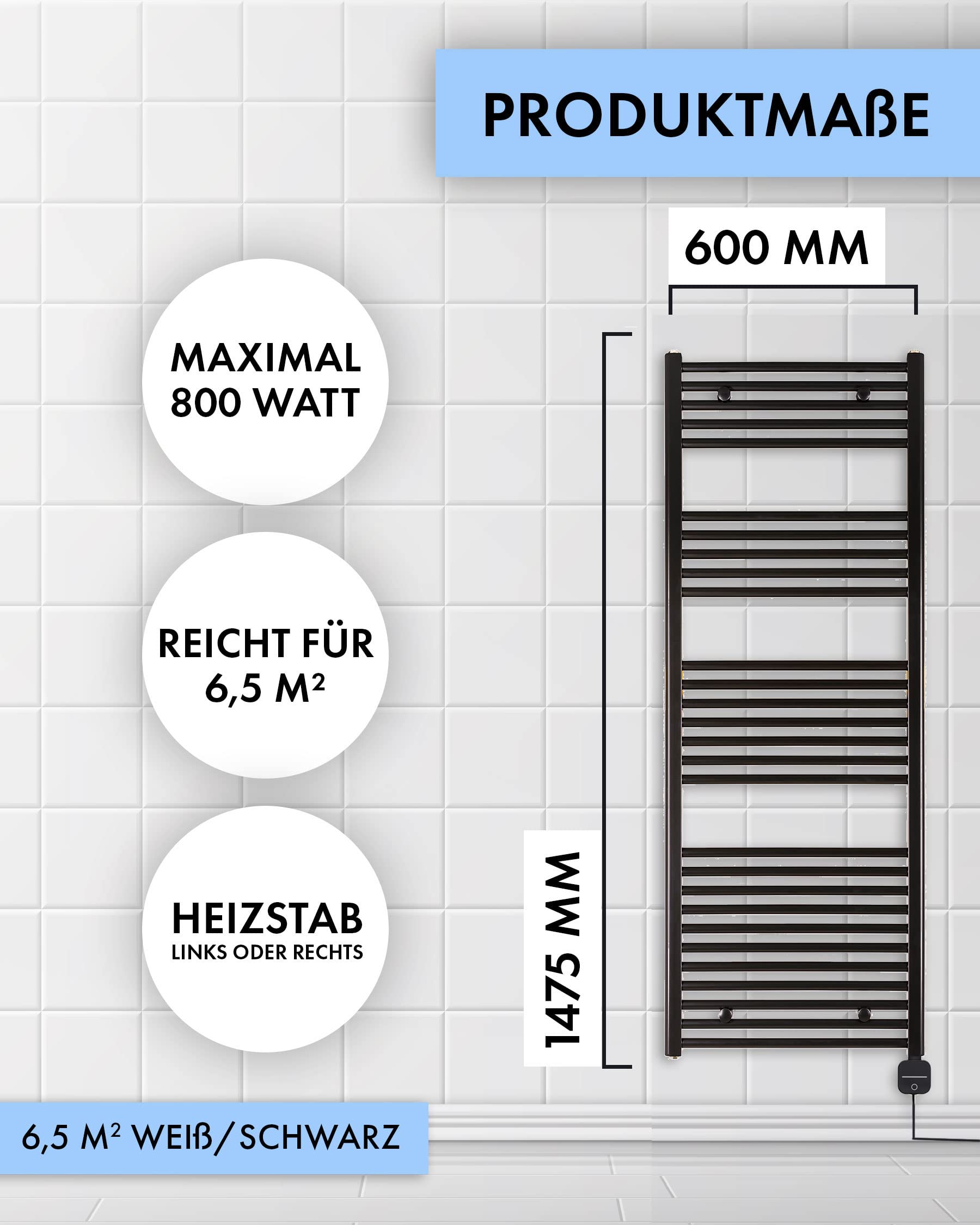 anapont Elektrischer Badheizkörper 1475x600 Handtuchheizkörper – WiFi und Bluetooth - Handtuchradiator, IPx5, komplett montiert – Atmosphäre & Komfort im Bad (mit Zeitschaltuhr)