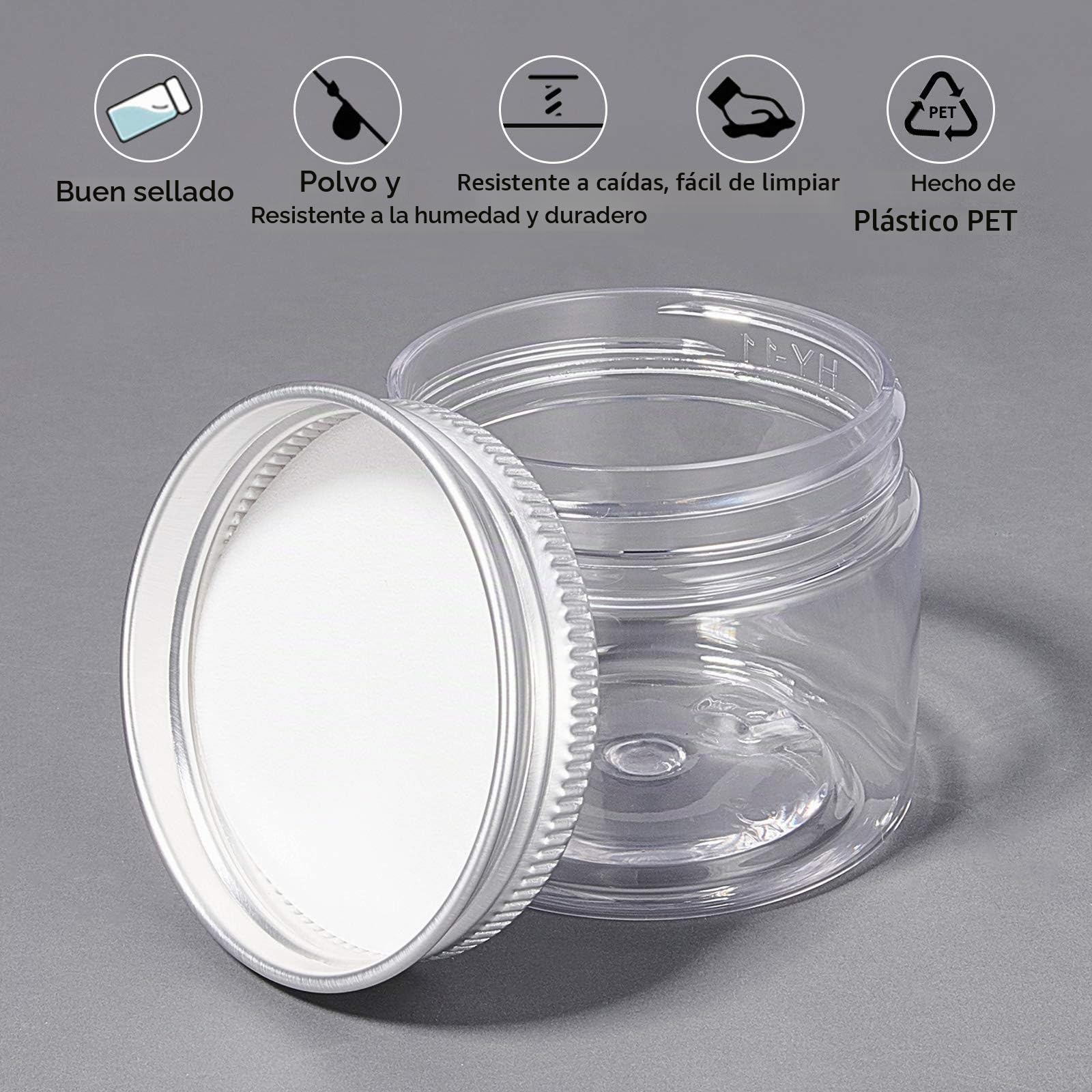 BENECREAT 18 Pack 50ml Frascos Redondos de Plástico Caja Transparente Recipientes con Tapas de Rosca de Aluminio para Productos de Belleza, Artículos Pequeños