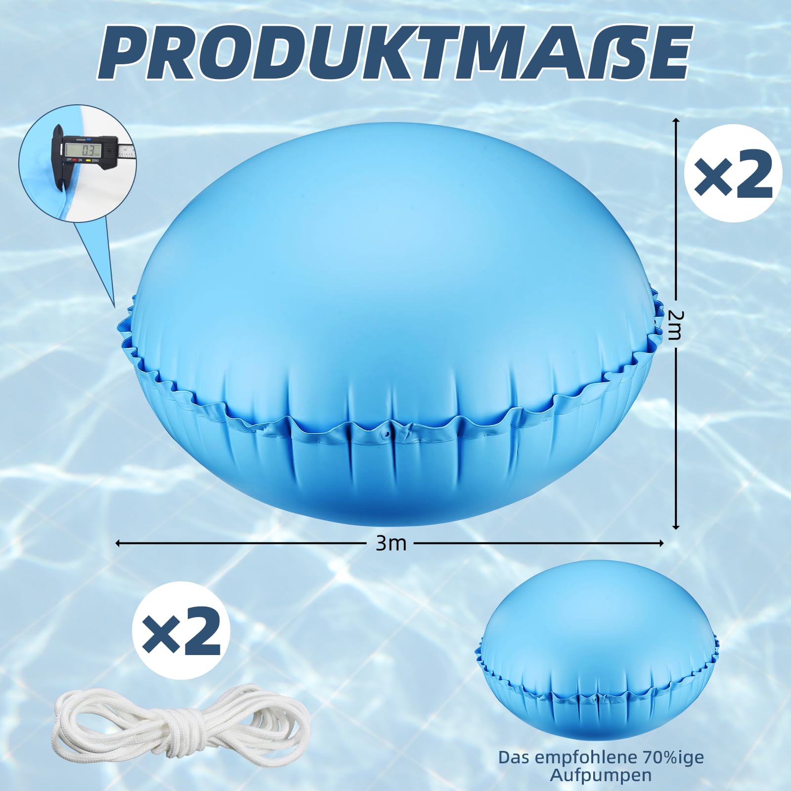 2 Stück runde aufblasbare Pool Winterkissen Ø1.2 m, Luftkissen Pool Winter für Poolabdeckung mit 15m Seil, Zubehör für Winter und schlechtes Wetter