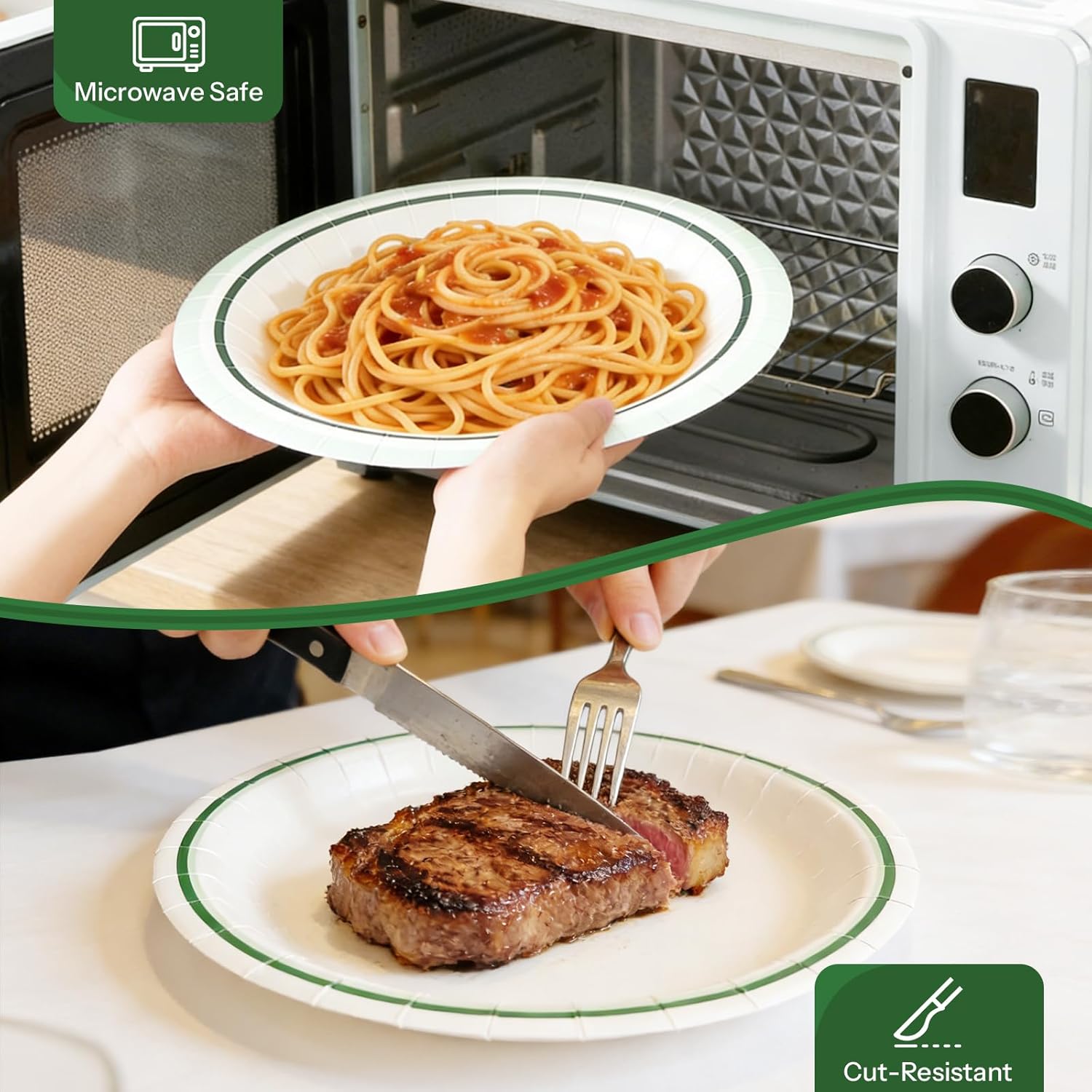 Disposable Paper Plates 10 Inch, 100PCS Paper Plates Bulk with Green Rims, Heavy Duty Paper Plates for Everyday Use, Picnic, BBQ, Microwave, Breakfast, Lunch & Dinner - Image 3