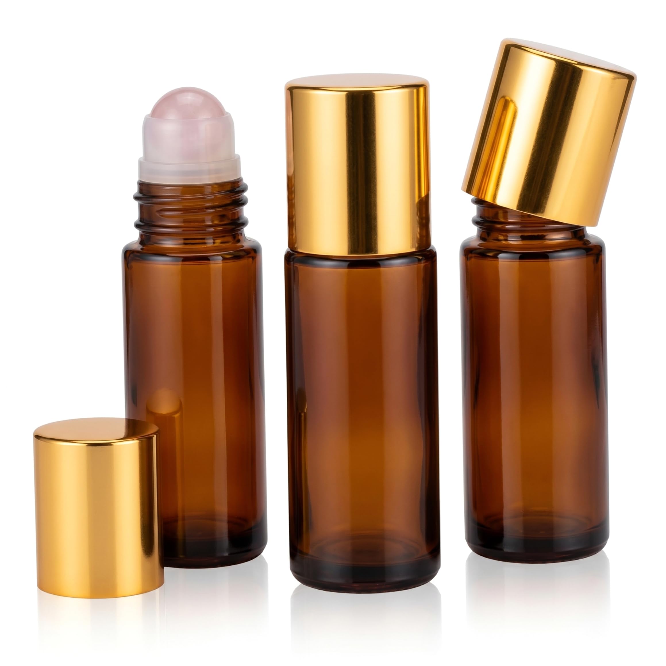 Xoeryoy Roll on Bottles, 3PCS Rose Quartz Roller Bottle Refillable Amber Glass Rollerball Bottles, 50ml Empty Roll on for Essential Oils