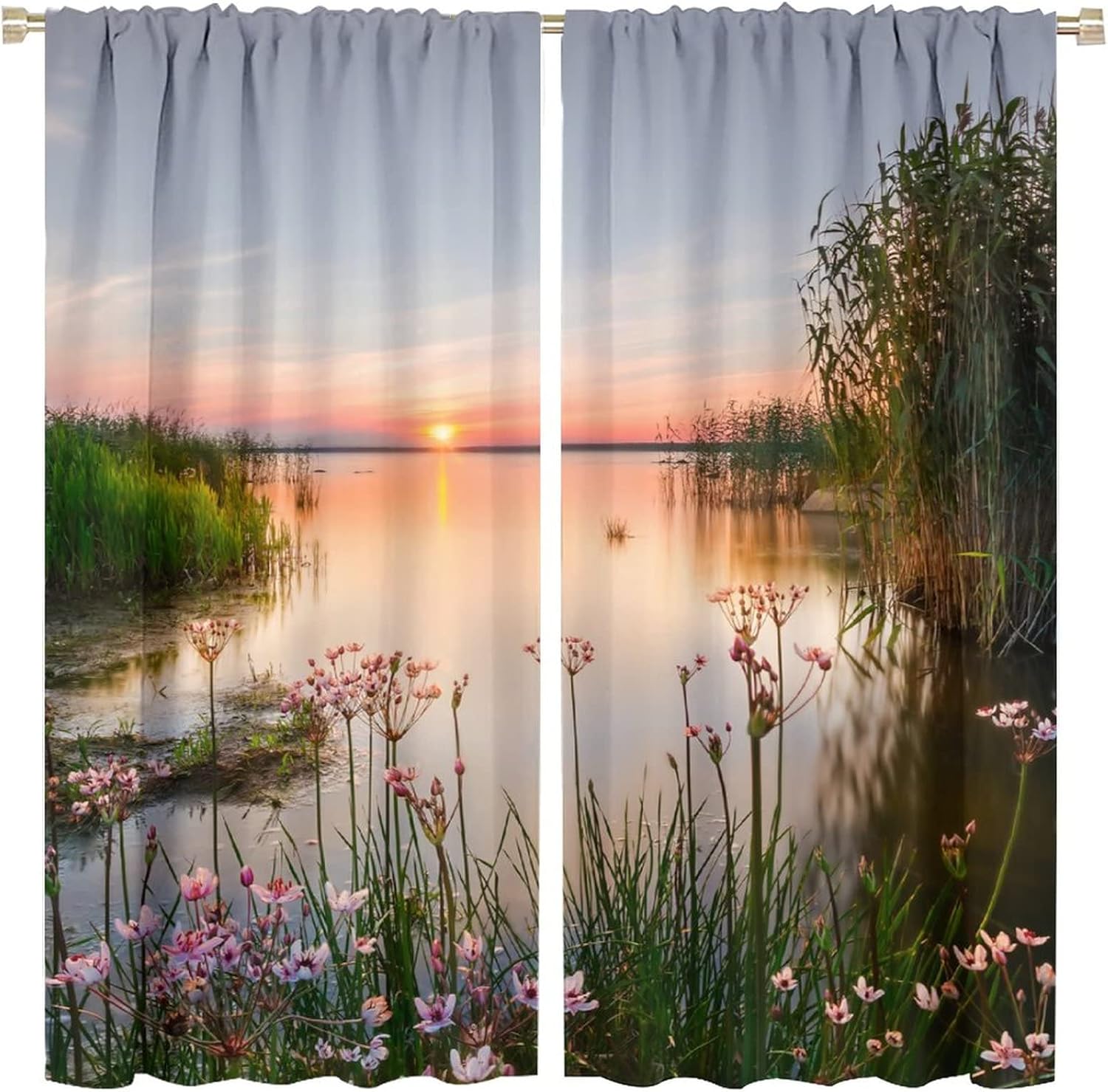 Landscape Curtains Lake Scenery View in Nature with Flowers Leaves Artwork Photo Rod Pocket Blackout Window Drapes 2 Panels Set for Bedroom Living Room Decor 42x45in