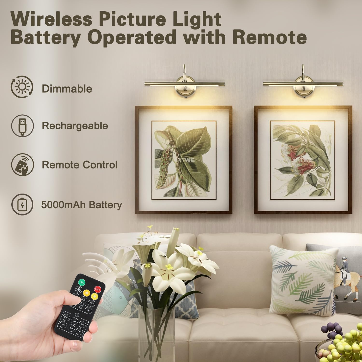 JOOSENLUX Modern Wall Lights Battery Operated Antique Bronze Wireless Picture Lights for Wall 16.5" Inch Dimmable Under Counter Lights for Kitchen with Swing Arm as Canvas Wall Sconce Light CRI95+