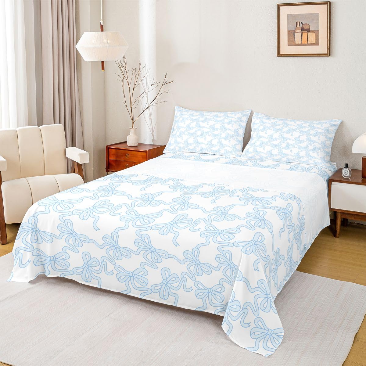 Blue Bowknot Fitted Sheet Set Full Size 4 Pcs,Dreamy Princess Style Cute Bow Teens Sheets,Coquette Bowtie Ribbon Bedding Sets (1 Fitted,1 Flat,2 Pillowcases) Luxury Deep Pocket Bed Sheets