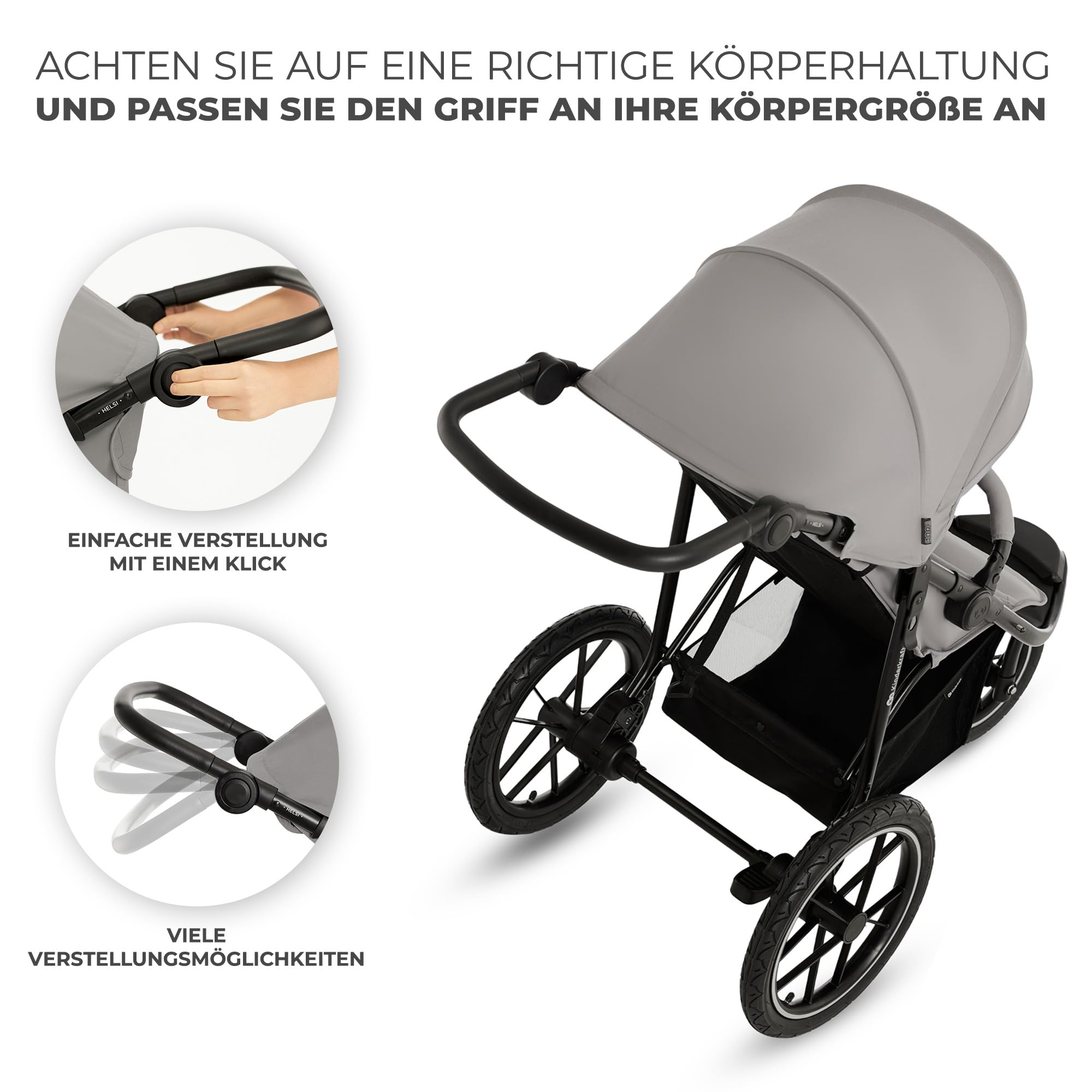 Kinderkraft HELSI 2 Buggy bis 27 kg, ab Geburt, große Luftreifen, Liegefunktion, verstellbarer Griff, zusammenklappbar, Untersitzkorb, Grau