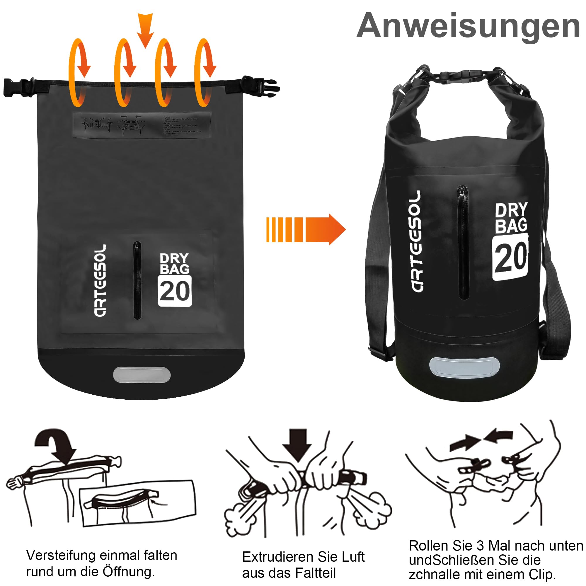 Dry Bag - 5L 10L 20L 30L Waterproof trockener Beutel/Sack wasserdichte Tasche mit Langem justierbarem Bügel für Kayaking Boots-Ausflug Kanu/Fischen/Rafting/Schwimmen/Snowboarding