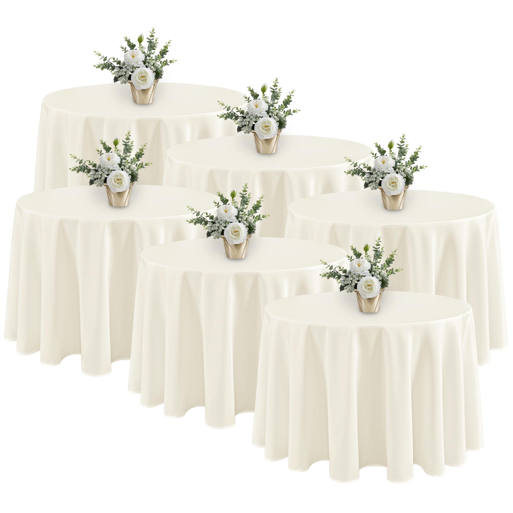 Photo 1 of Fitable 6 Pack Ivory Round Tablecloths - 120 Inches in Diameter - Stain Resistant and Washable Table Clothes, Polyester Fabric Table Covers for Wedding, Party, Banquet, Formal Events
