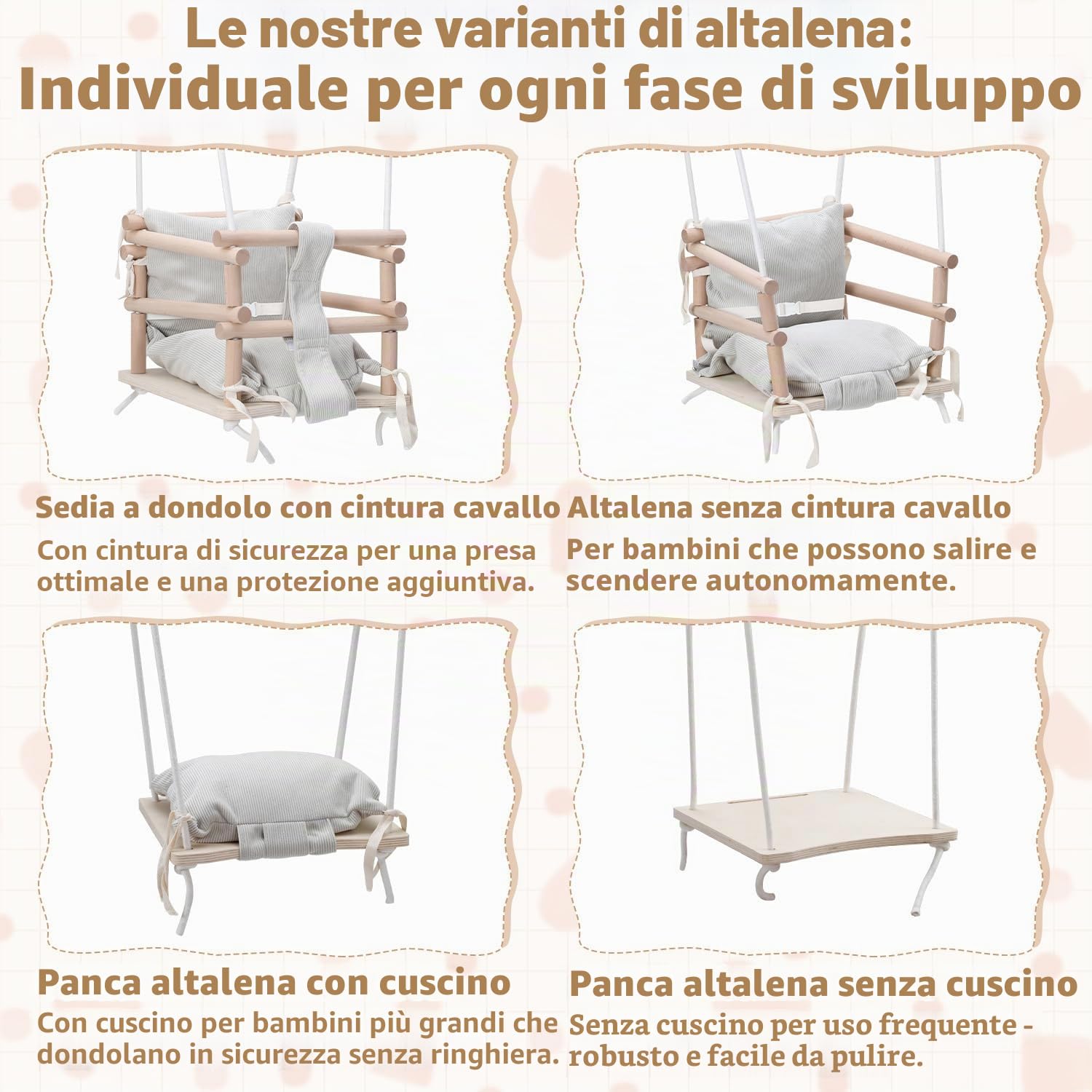 Altalena per Bambini Indoor & Altalena per Bambini Outdoor 3-in-1 in Legno, Regolabile in Altezza (160-260cm) con Cuscino Rimovibile, Per Giardino, Portata 50kg, Da 12 Mesi (Beige Chiaro)