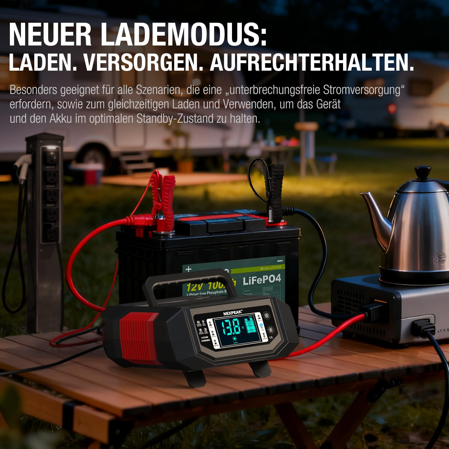 NEXPEAK LiFePO4 Cargador de batería de Coche de 1-20 A, 12 V, 24 V, con Corriente Ajustable, para Coche, camión, cortacésped, Barco