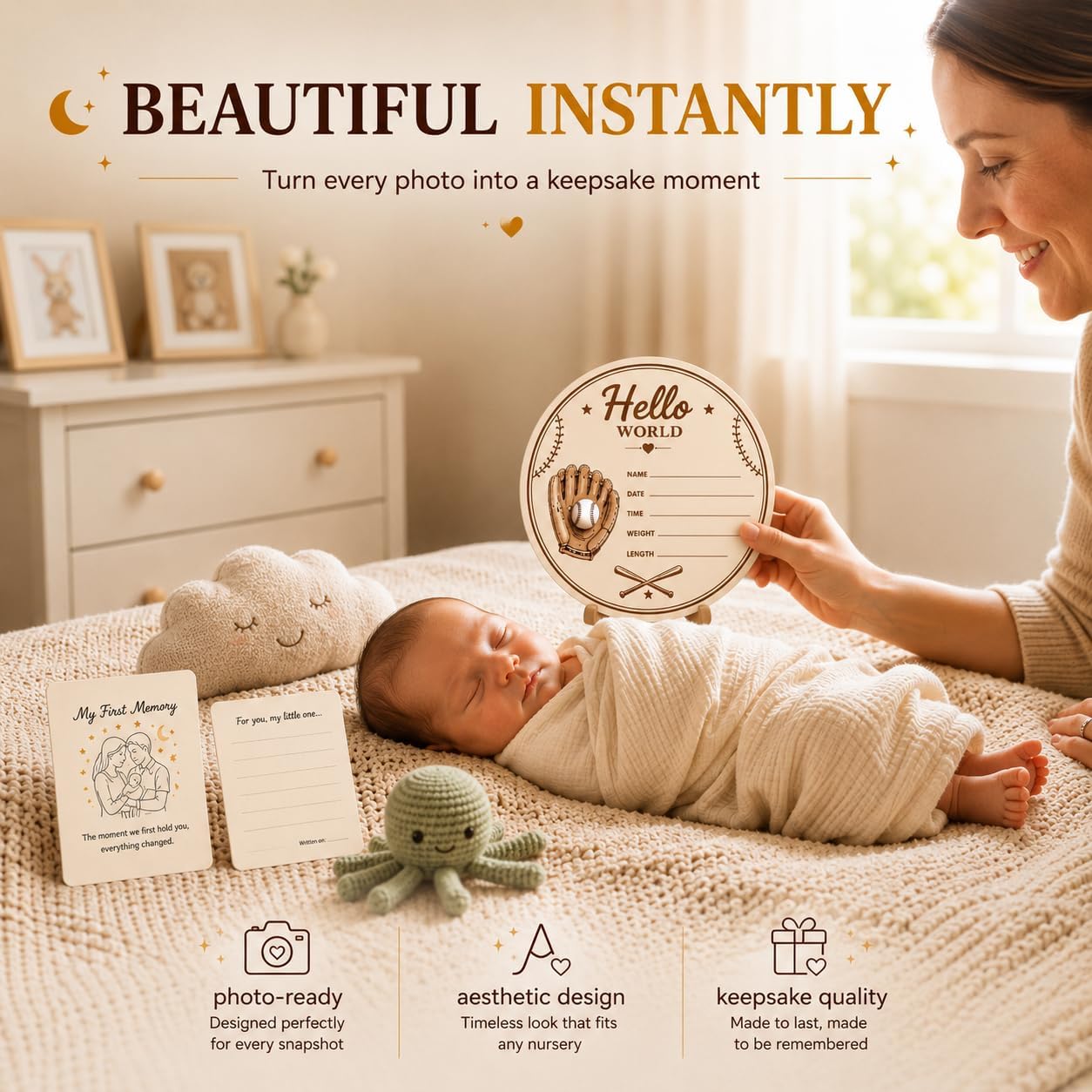 Baby Announcement Sign – Hello World Newborn Sign in 3D Wood with Classic Baseball Glove & Bat Details for Newborn Memories, Nursery Décor & Baby’s First Precious Moments DS16