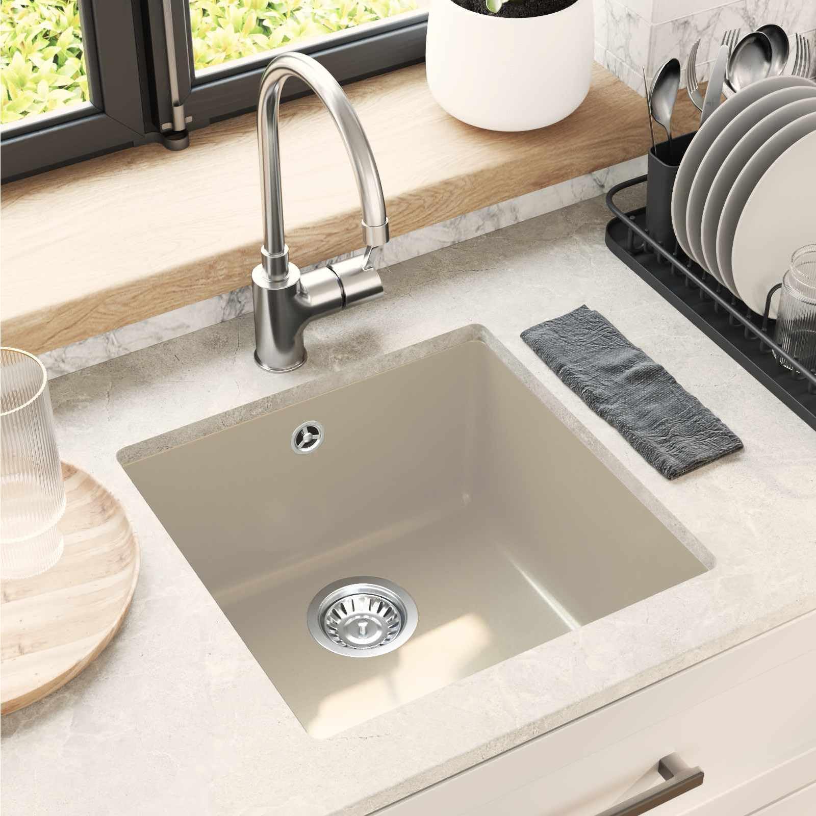 Fregadero de cocina de cuarzo y resina de granito, color beige, 430 x 460 mm, con base rectangular, escurridor para cocina, camping y autocaravana, superficie robusta