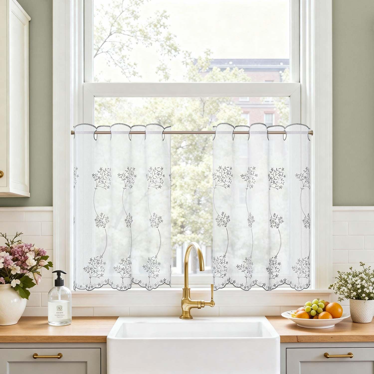 TOPICK Kitchen Curtains 24 Inch Drop with Grey Botanical Embroidery, Light Filtering Small Cafe Curtains, Linen Look Eyelet Half Curtain 2 Panels for Bedroom, Cupboard Base, Sink, W26 x L24 Inch — image 1