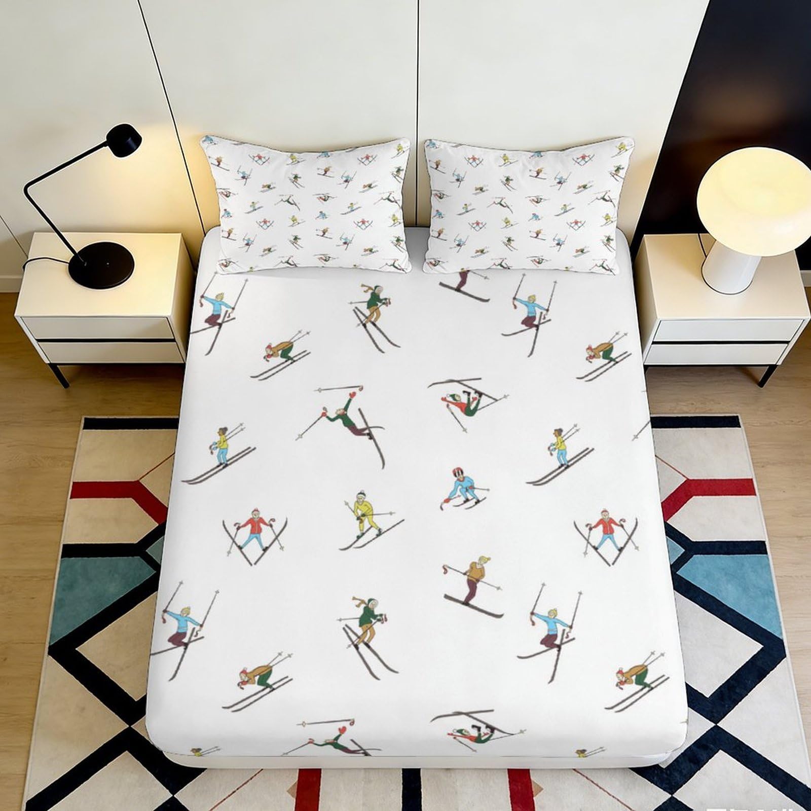 3D Printed Skiing Fitted Sheet Microfiber Deep Pocket Bedding Set Non-Slip Ski Pattern Mattress Fitted Cover Washable for Adults 200x200x25cm 90x200x25cm