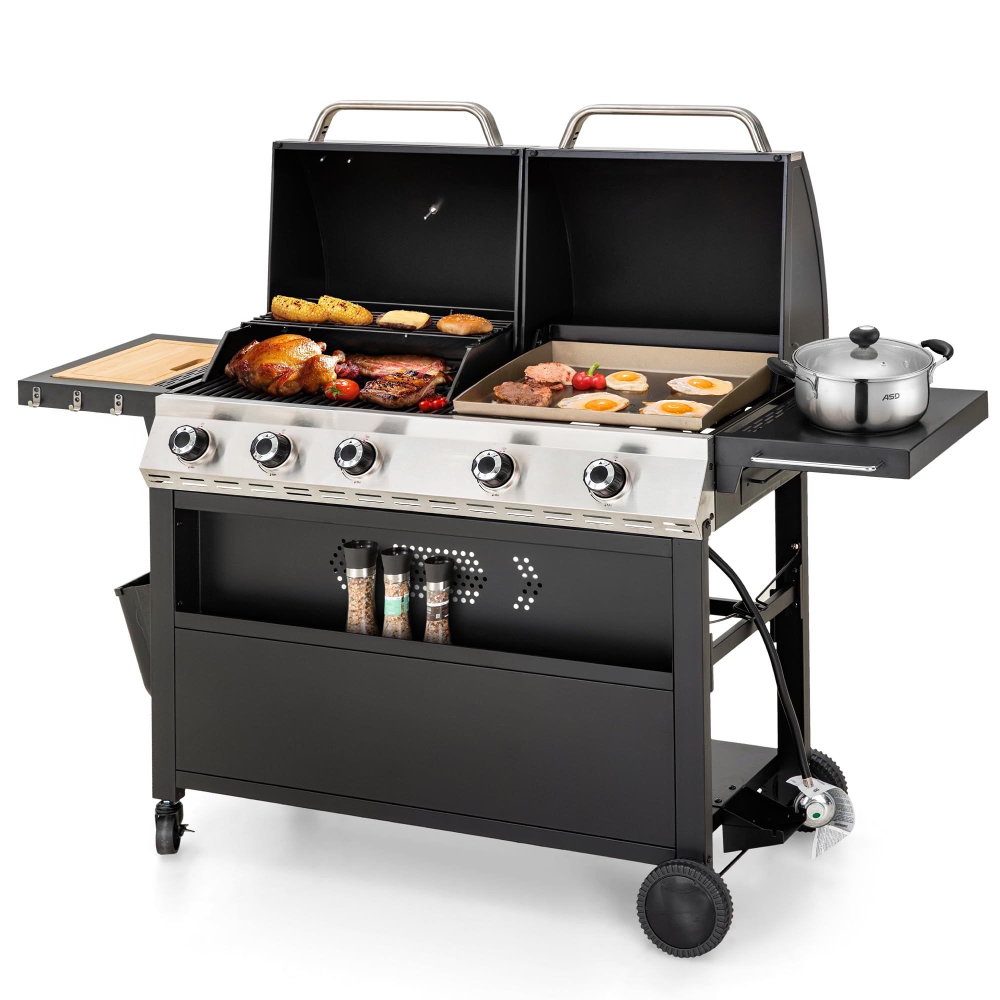 MFSTUDIO 5 Burner Gas Grill Griddle Combo with Porcelain-Enameled Cast Iron Grates,Cutting Board and Double Lids, Duel-Function Propane BBQ Grills with Flat Top Grddle for Outdoor Barbecue Cooking