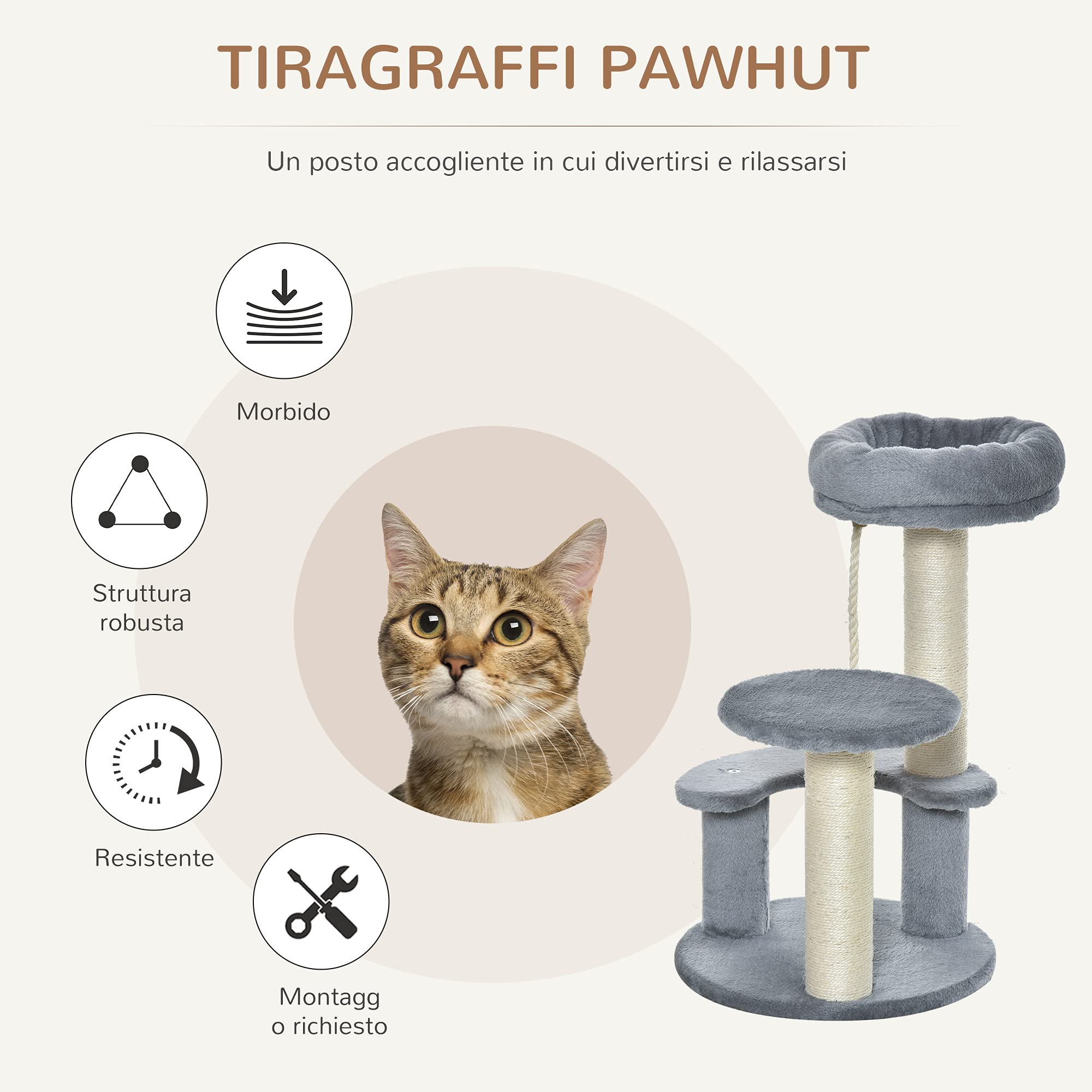 PawHut Albero Tiragraffi Gatti a 3 Livelli in Peluche Sisal Naturale Grigio Ф40x65cm | Piattaforme, Lettino, Pali in Sisal, Torre per Gatti, Rivestimento in Peluche