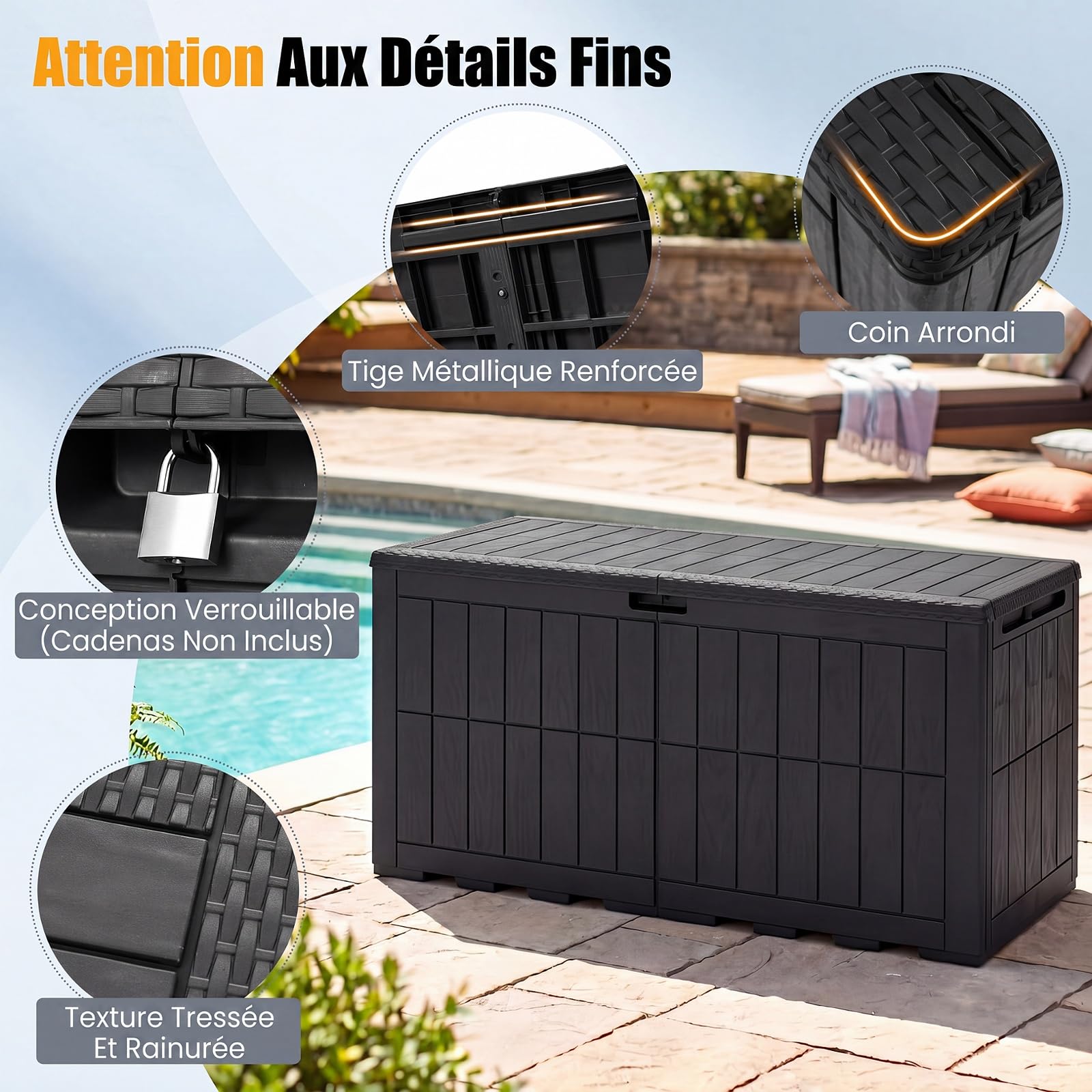 COSTWAY Coffre de Rangement Exterieur en PP 523L, Grand Conteneur de Jardin avec Couvercle Poignée Intégrée Verrouillable, pour 3 Personnes pour Terrasse Balcon, Charge 245 kg (Noir)
