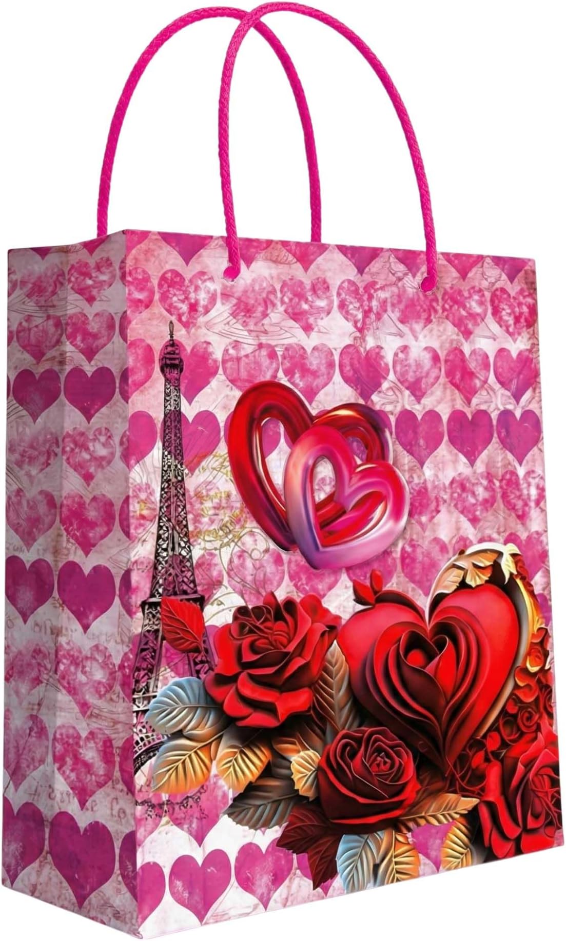 Pink+Red Roses Print Reusable Paper Gift Bag For Goodies | Thank You Gift Bag For Housewarming Party, Birthdays, Bachelorette, Valentine’s & Galentine’s Day | 26x32x10cm, 1 Unit