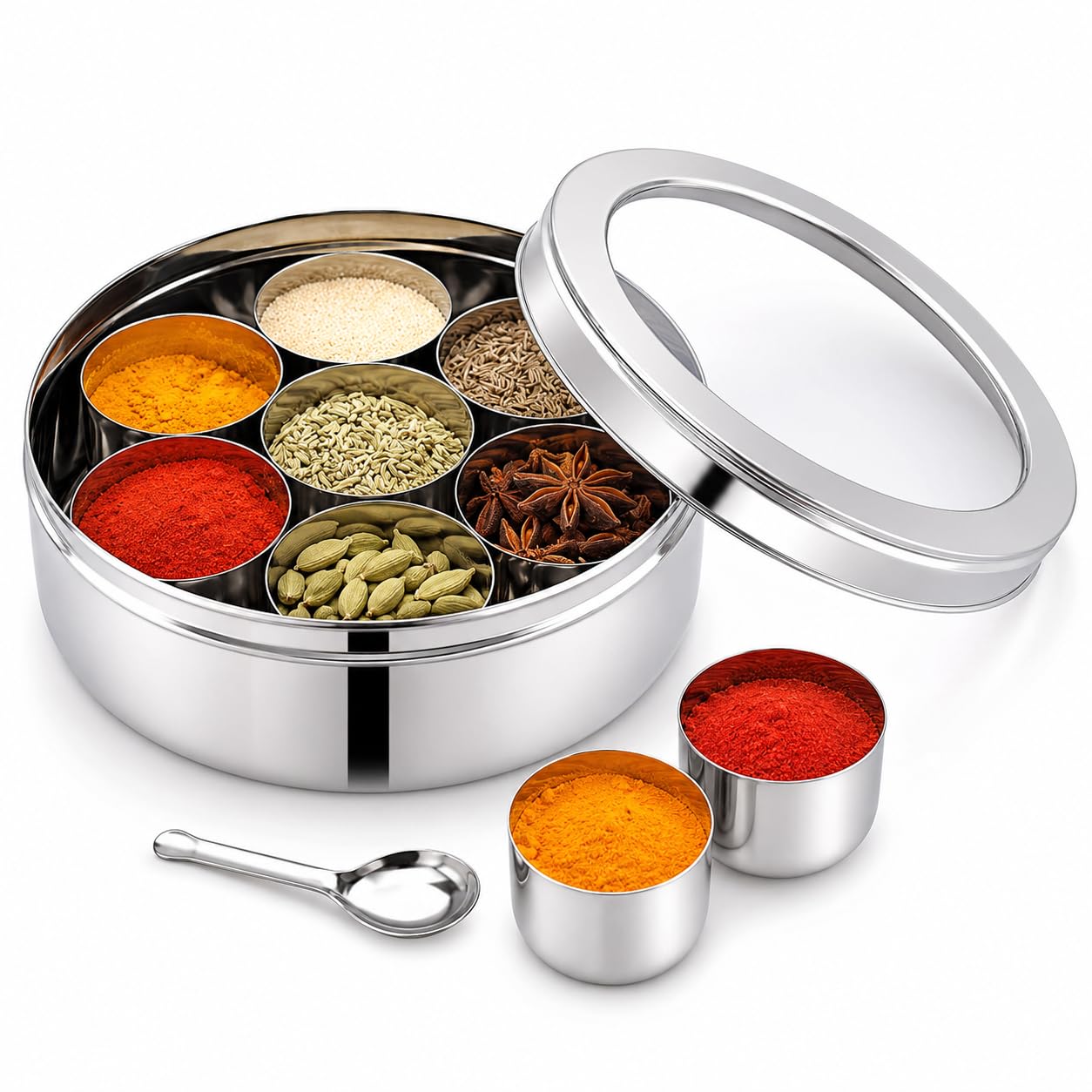 PNS Masala Dabba Boîte à épices avec 7 compartiments en acier inoxydable de qualité alimentaire avec cuillère de service (couvercle transparent, 16 cm)
